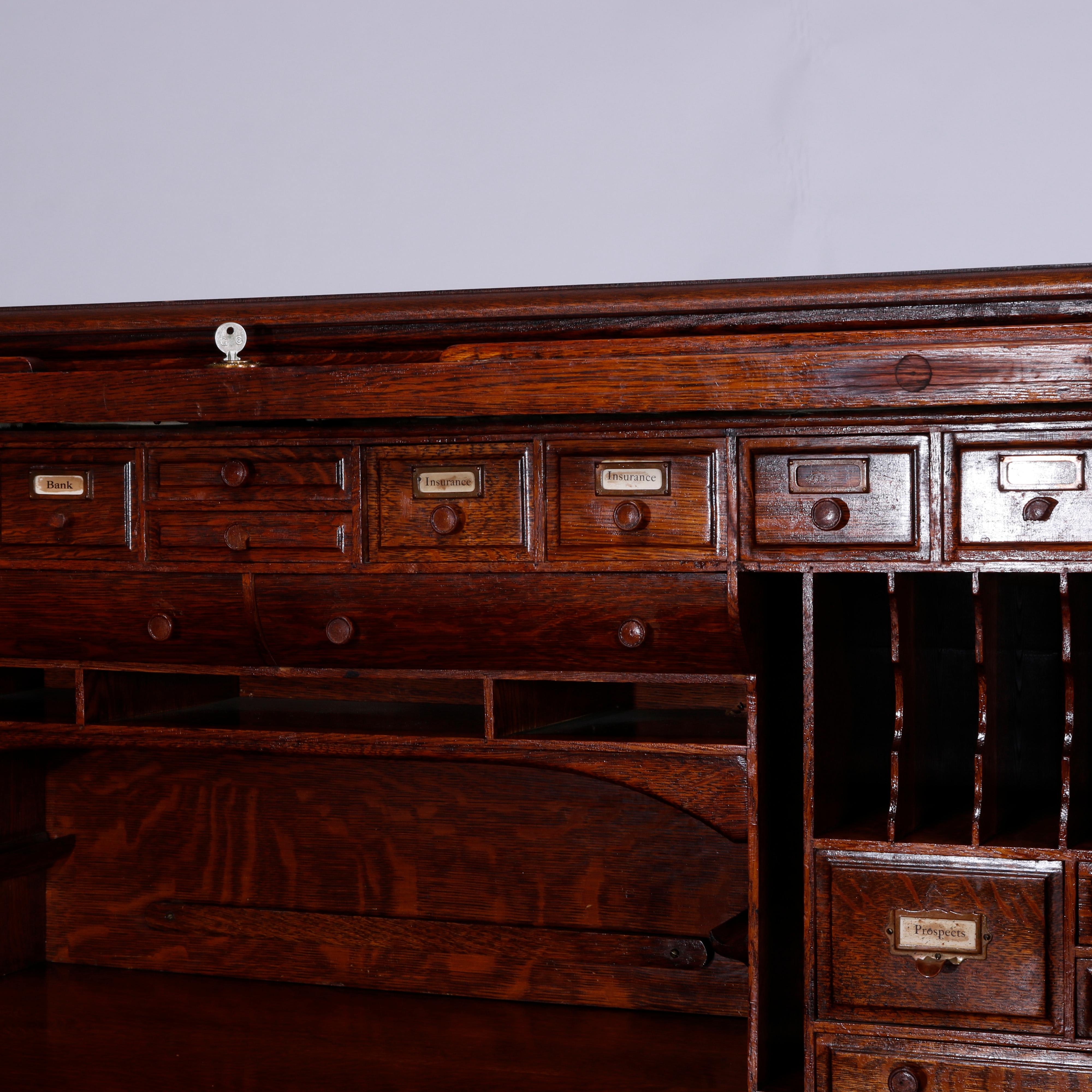 20th Century Antique Oversized Raised Panel & S-Roll Top Oak Desk, Full Interior, C1900