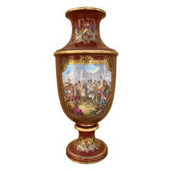 Antico vaso a tromba in porcellana rossa di Sèvres dipinto a mano di grandi dimensioni