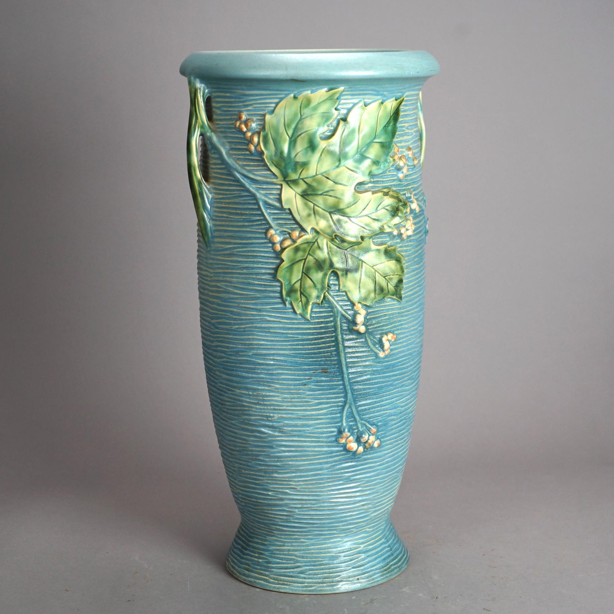20th Century Antique Oversized Roseville Art Pottery Blue Bushberry Vase 1930