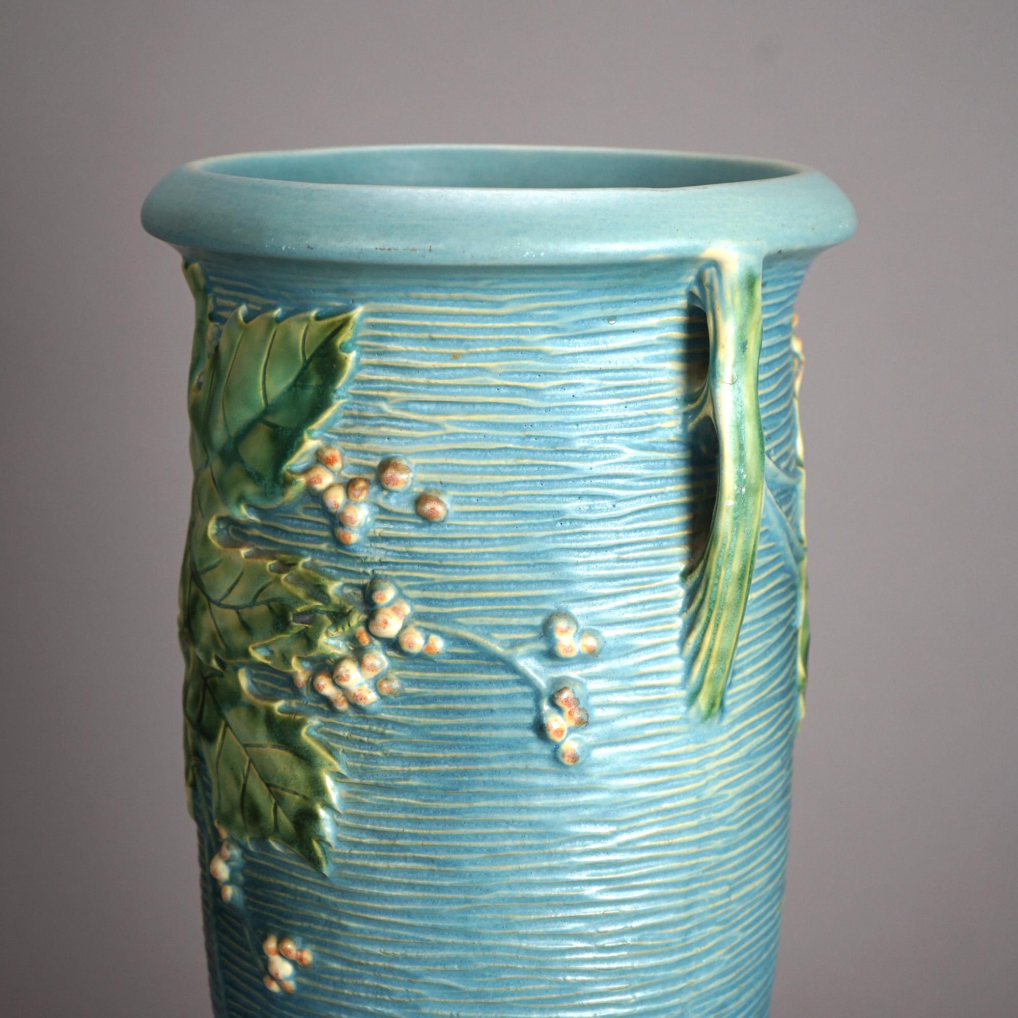 20th Century Antique Oversized Roseville Art Pottery Blue Bushberry Vase 1930