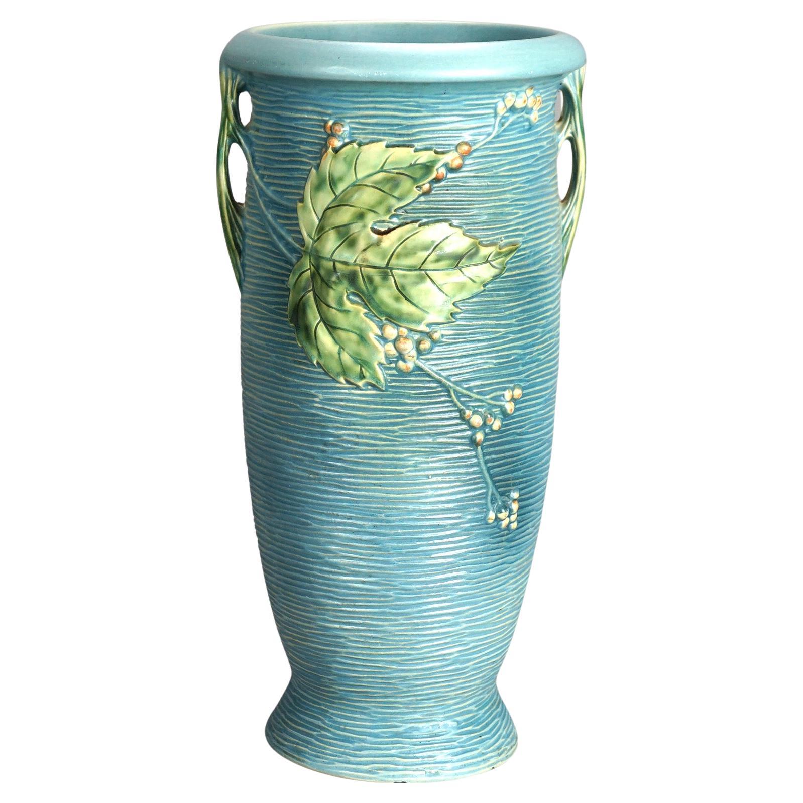 Antique Oversized Roseville Art Pottery Blue Bushberry Vase 1930