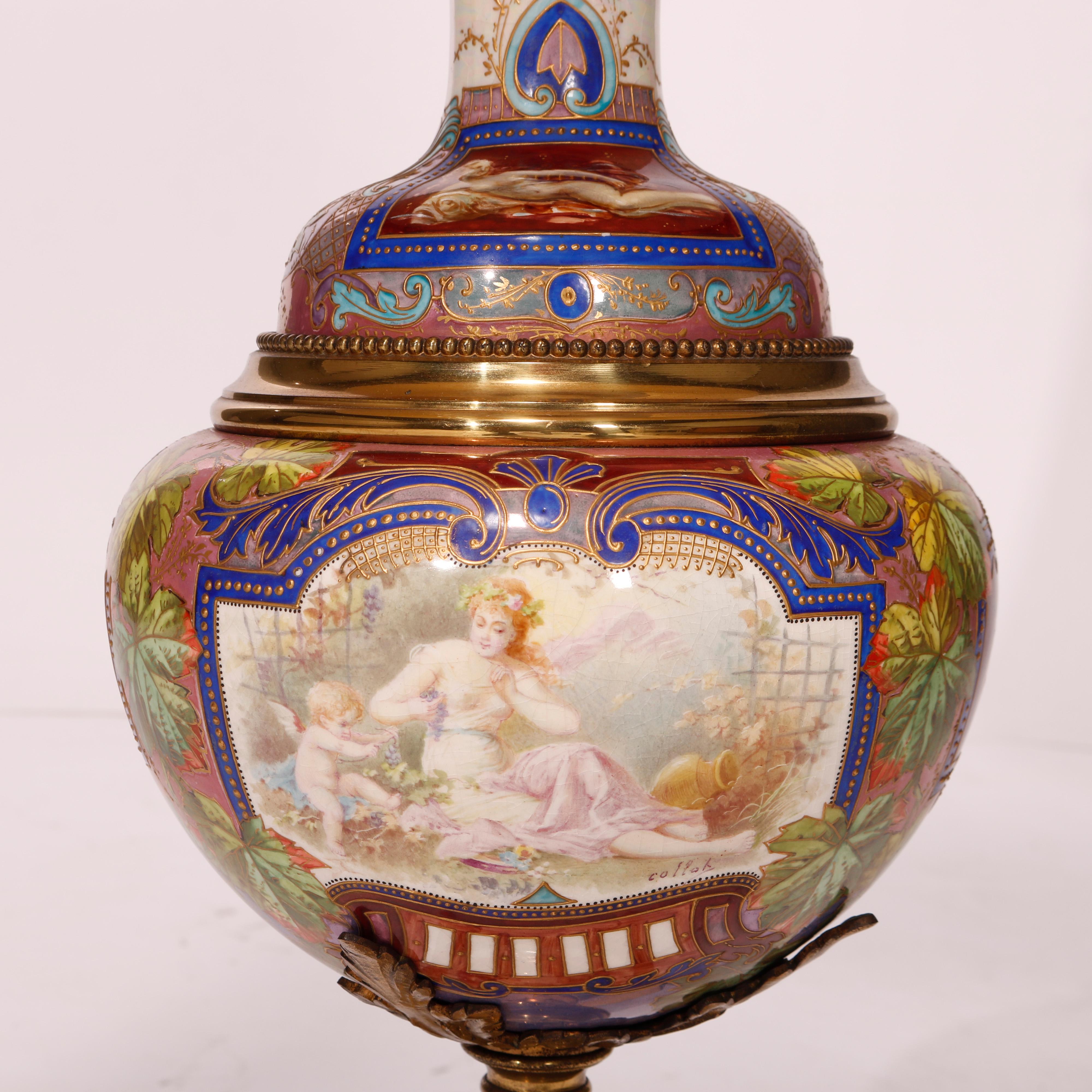 Enameled Antique Oversized Royal Vienna Porcelain Lamp with Classical Scenes & Putti 1880