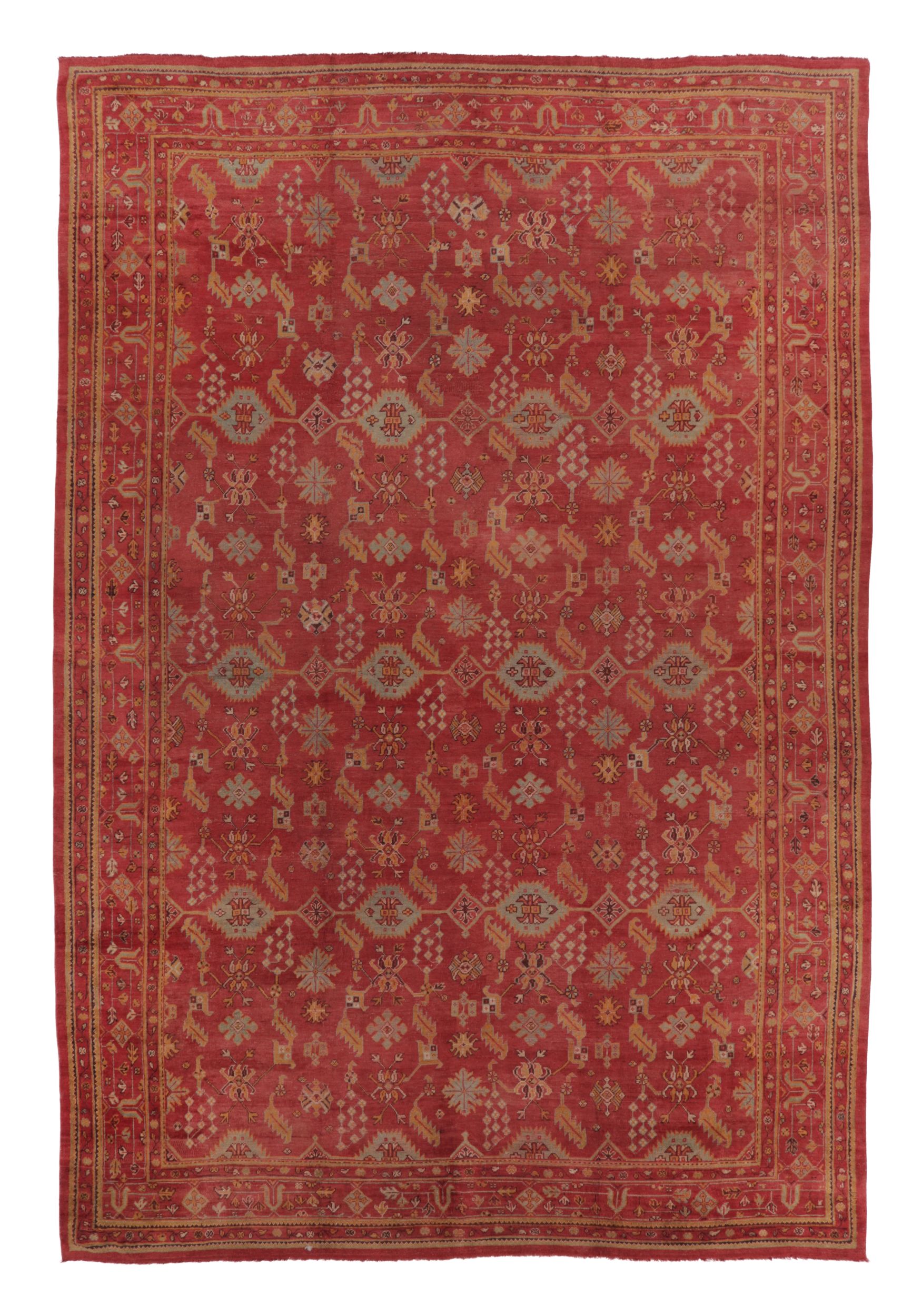 Antique Oversized Turkish Oushak Rug in Red with Geometric Pattern - Rug & Kilim