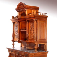 Buffet de chasse ancien surdimensionné en noyer et dessus en marbre de bois de rose, vers 1890