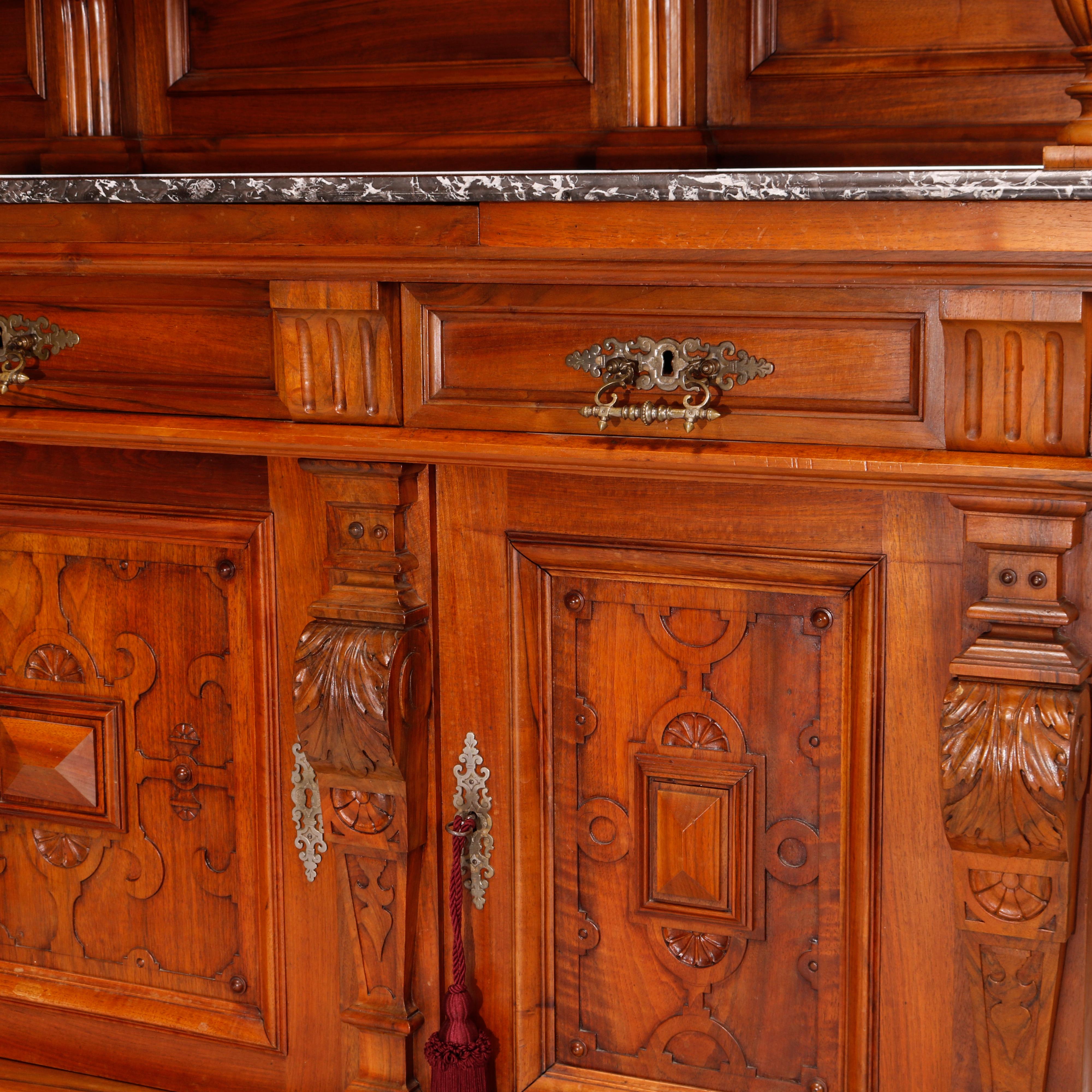 Carved Antique Oversized Walnut & Rosewood Marble Top Huntboard, Circa 1890