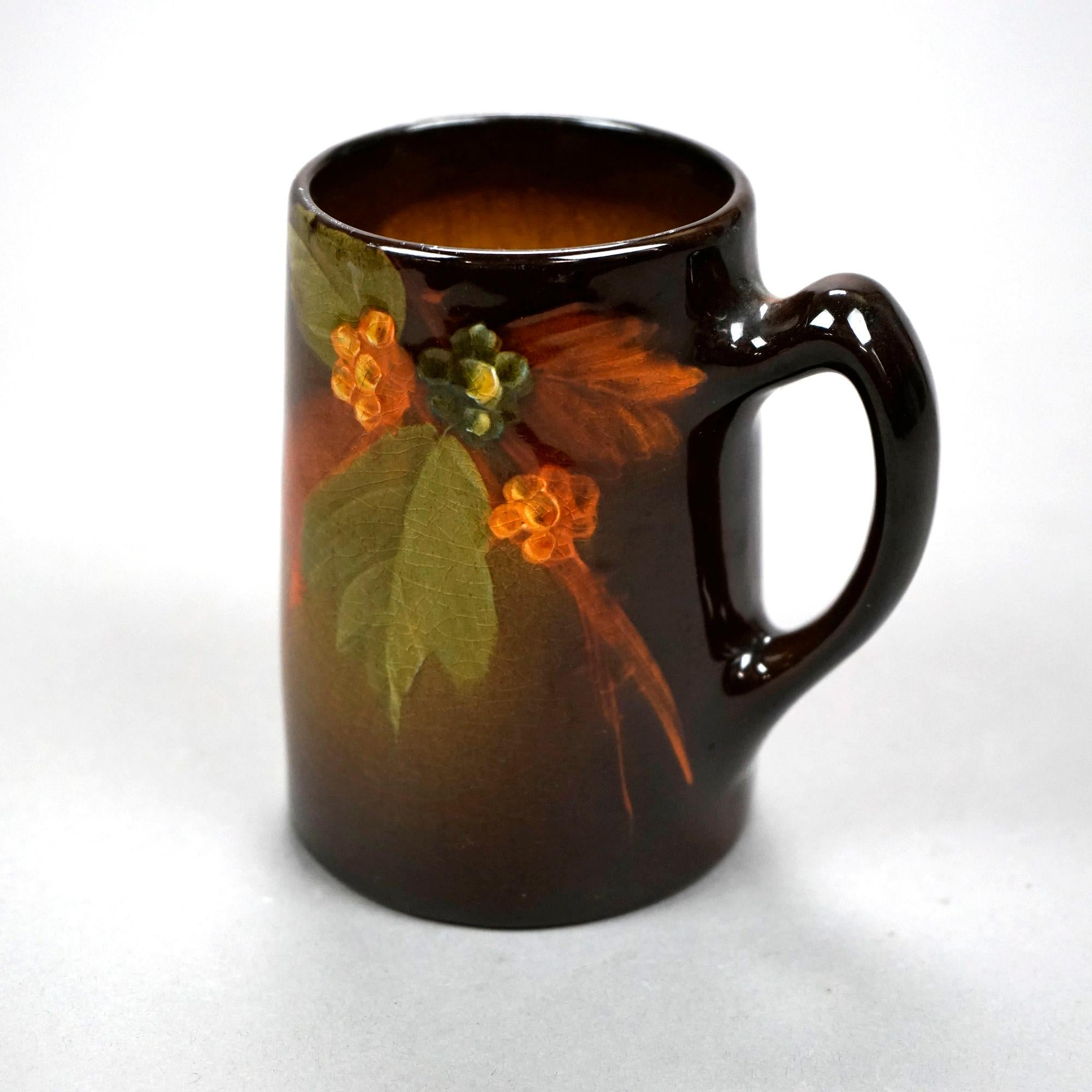 An antique mug by Owens offers art pottery construction with hand painted floral decoration and standard glaze, c1890

Measures- 5''H x 4.75''W x 3.5''D

Catalogue Note: Ask about DISCOUNTED DELIVERY RATES available to most regions within 1,500