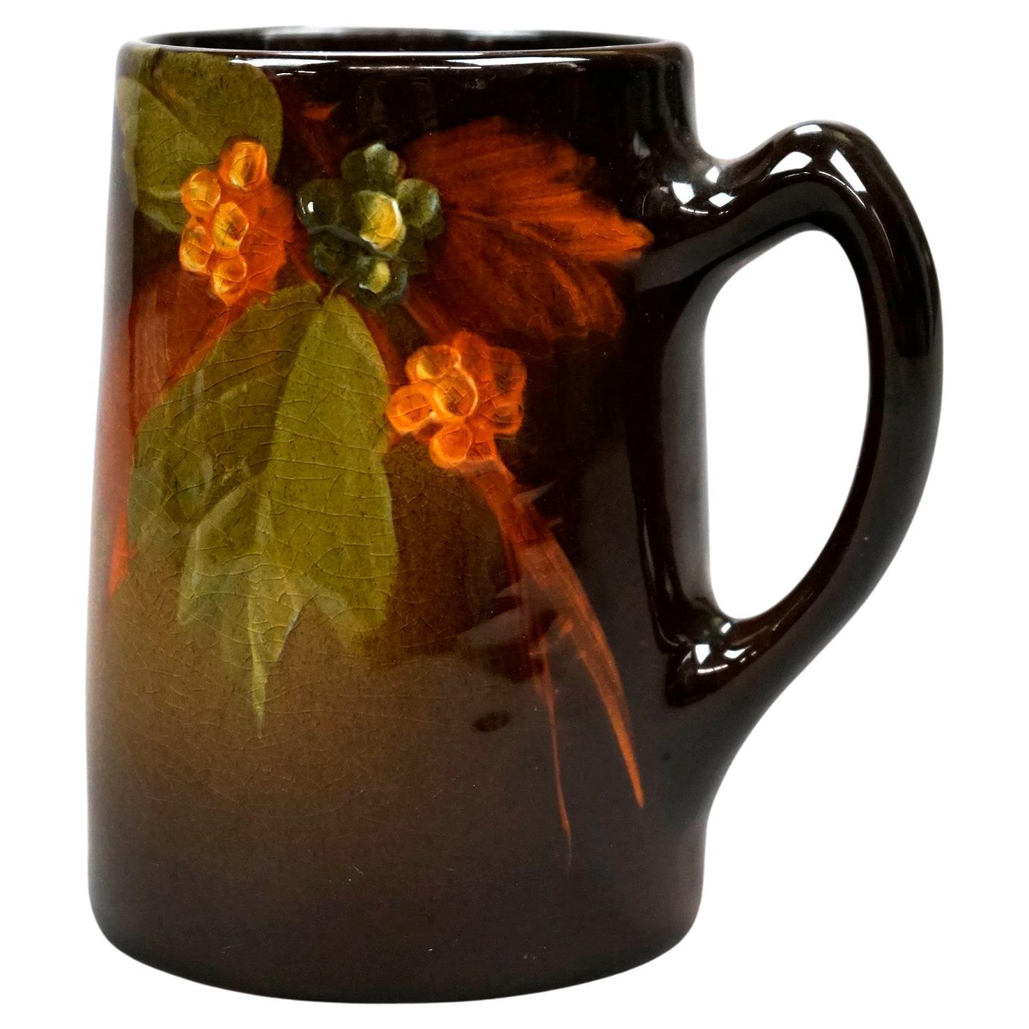 Antique Owens Art Pottery Standard Glaze Floral Decorated Mug Circa 1890 For Sale