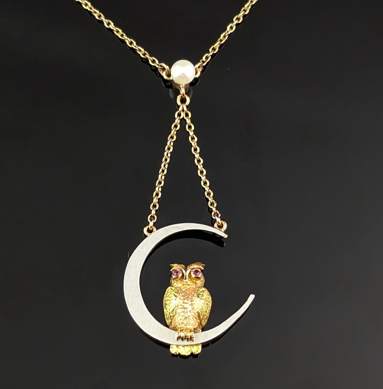 Antique Owl and Crescent moon pendant necklace, 15k gold and platinum, Ruby For Sale 5