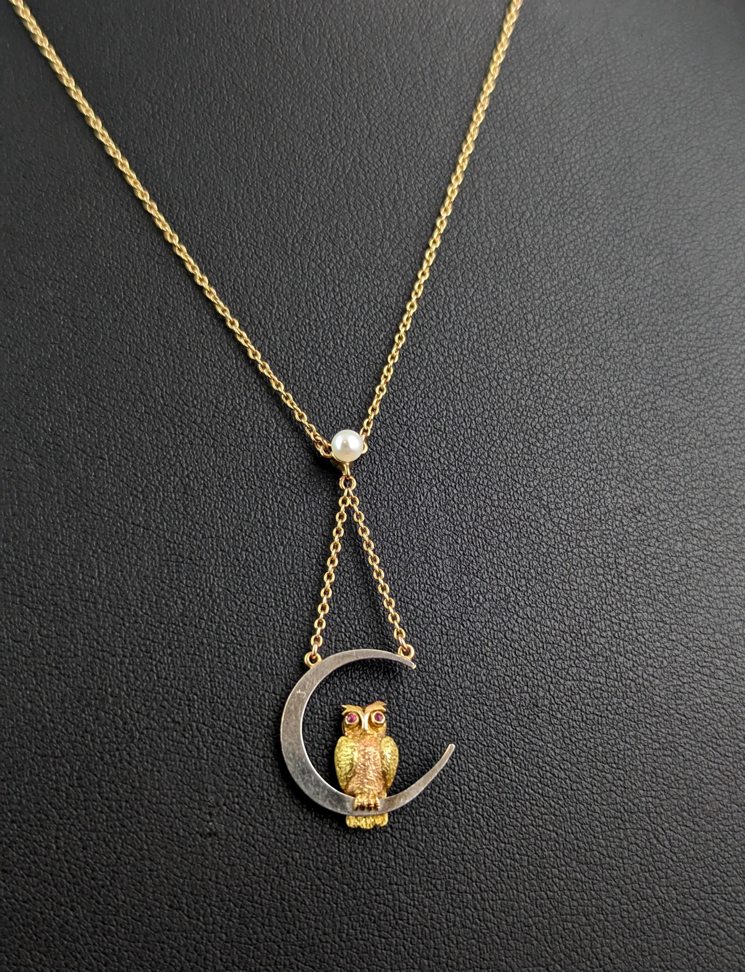 Antique Owl and Crescent moon pendant necklace, 15k gold and platinum, Ruby For Sale 8
