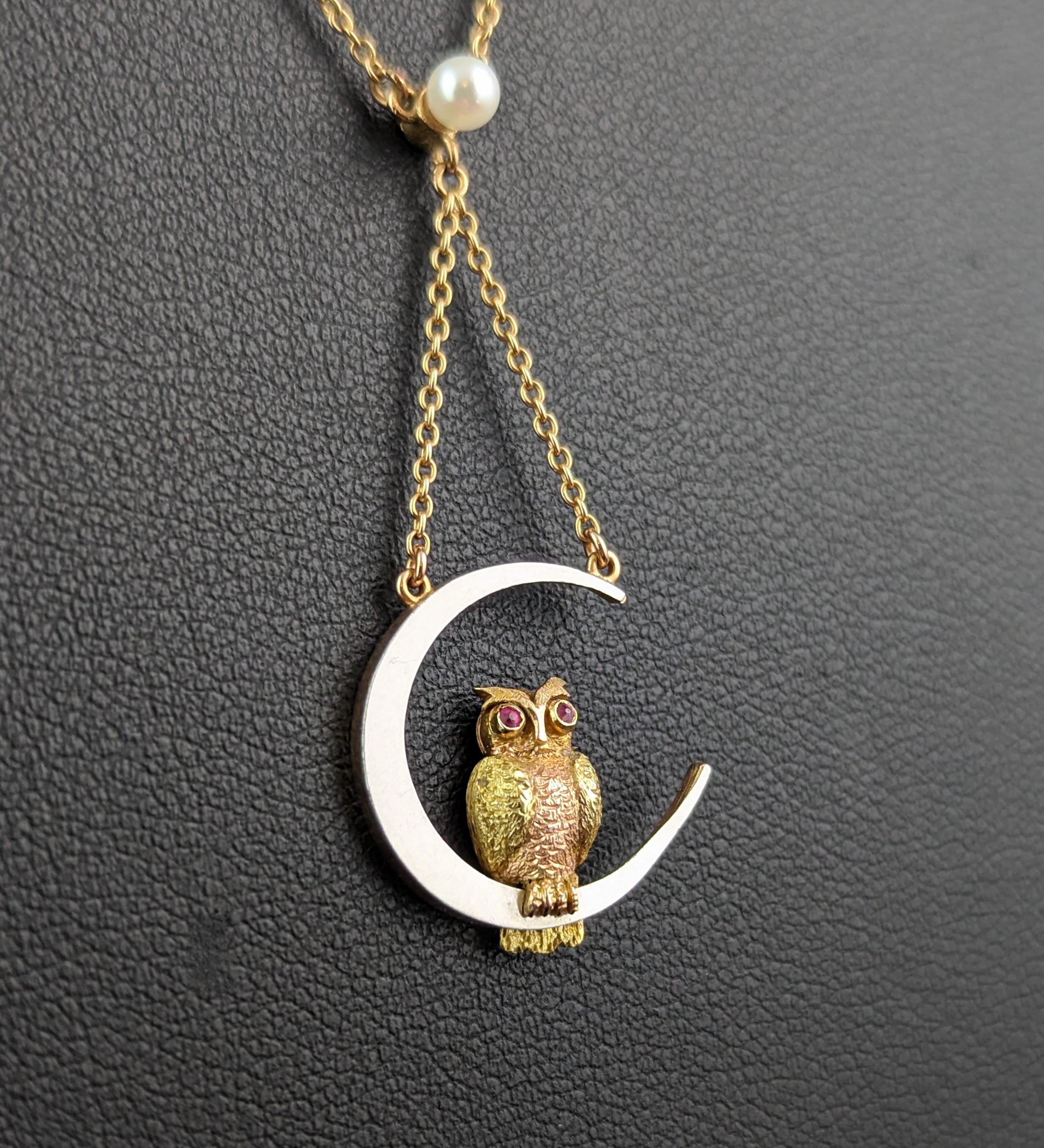 Antique Owl and Crescent moon pendant necklace, 15k gold and platinum, Ruby For Sale 9