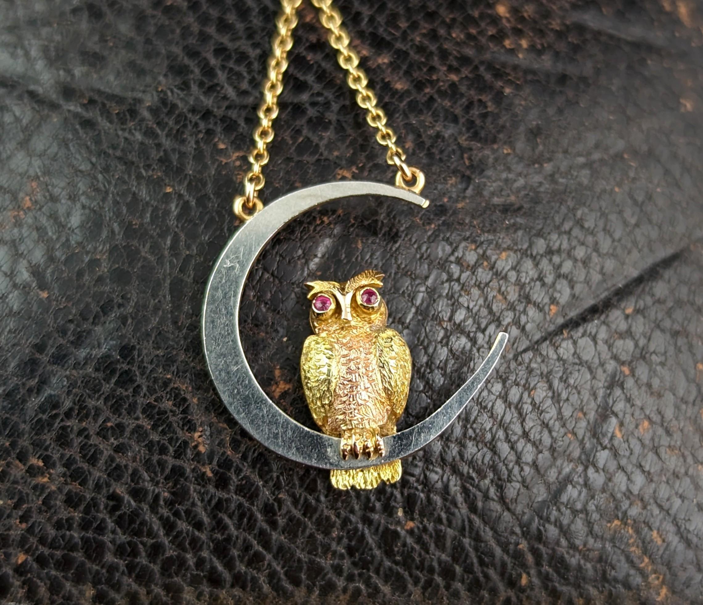 Antique Owl and Crescent moon pendant necklace, 15k gold and platinum, Ruby For Sale 10
