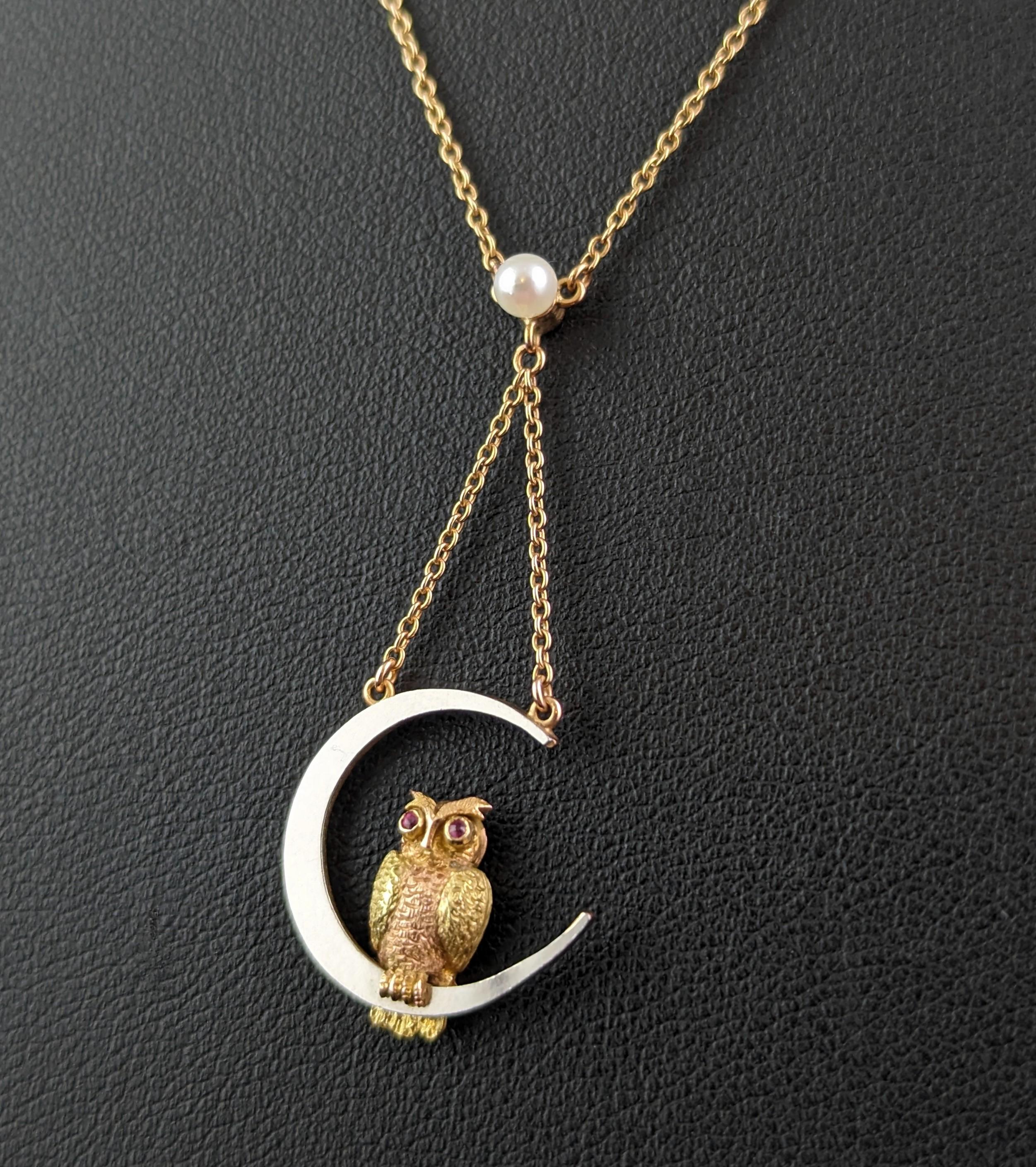 Cabochon Antique Owl and Crescent moon pendant necklace, 15k gold and platinum, Ruby For Sale