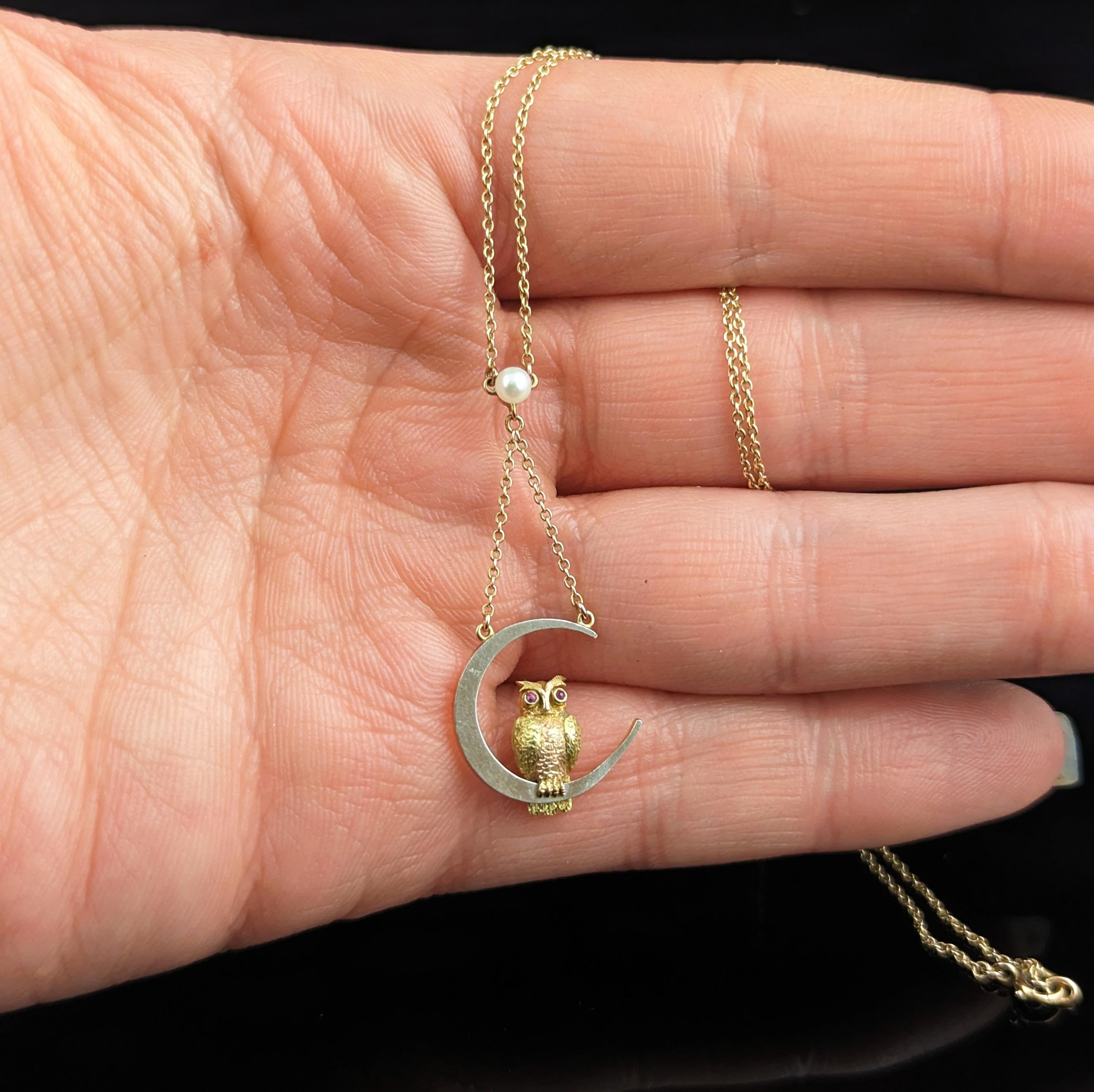 Antike Halskette mit Eule und Halbmond-Anhänger, 15k Gold und Platin, Rubin im Zustand „Gut“ im Angebot in NEWARK, GB