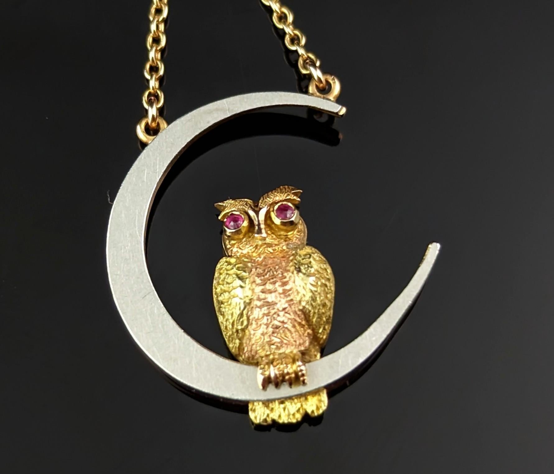 Women's Antique Owl and Crescent moon pendant necklace, 15k gold and platinum, Ruby For Sale