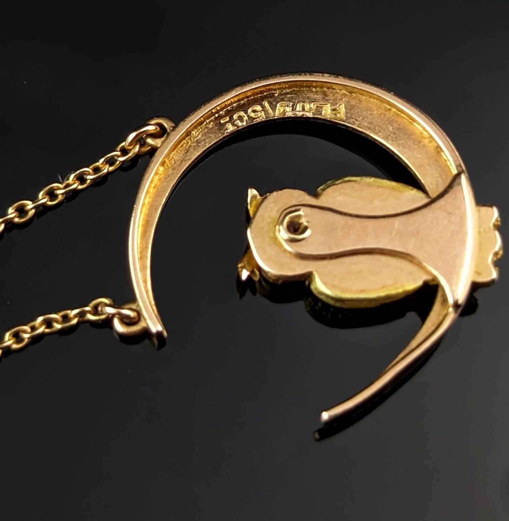 Antike Halskette mit Eule und Halbmond-Anhänger, 15k Gold und Platin, Rubin im Angebot 2