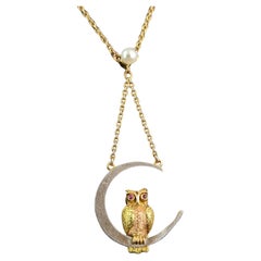 Antique Owl and Crescent moon pendant necklace, 15k gold and platinum, Ruby