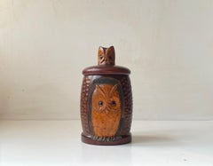 Antike Eulen-Teedose aus handgeschnitzter und gebeizter Eiche