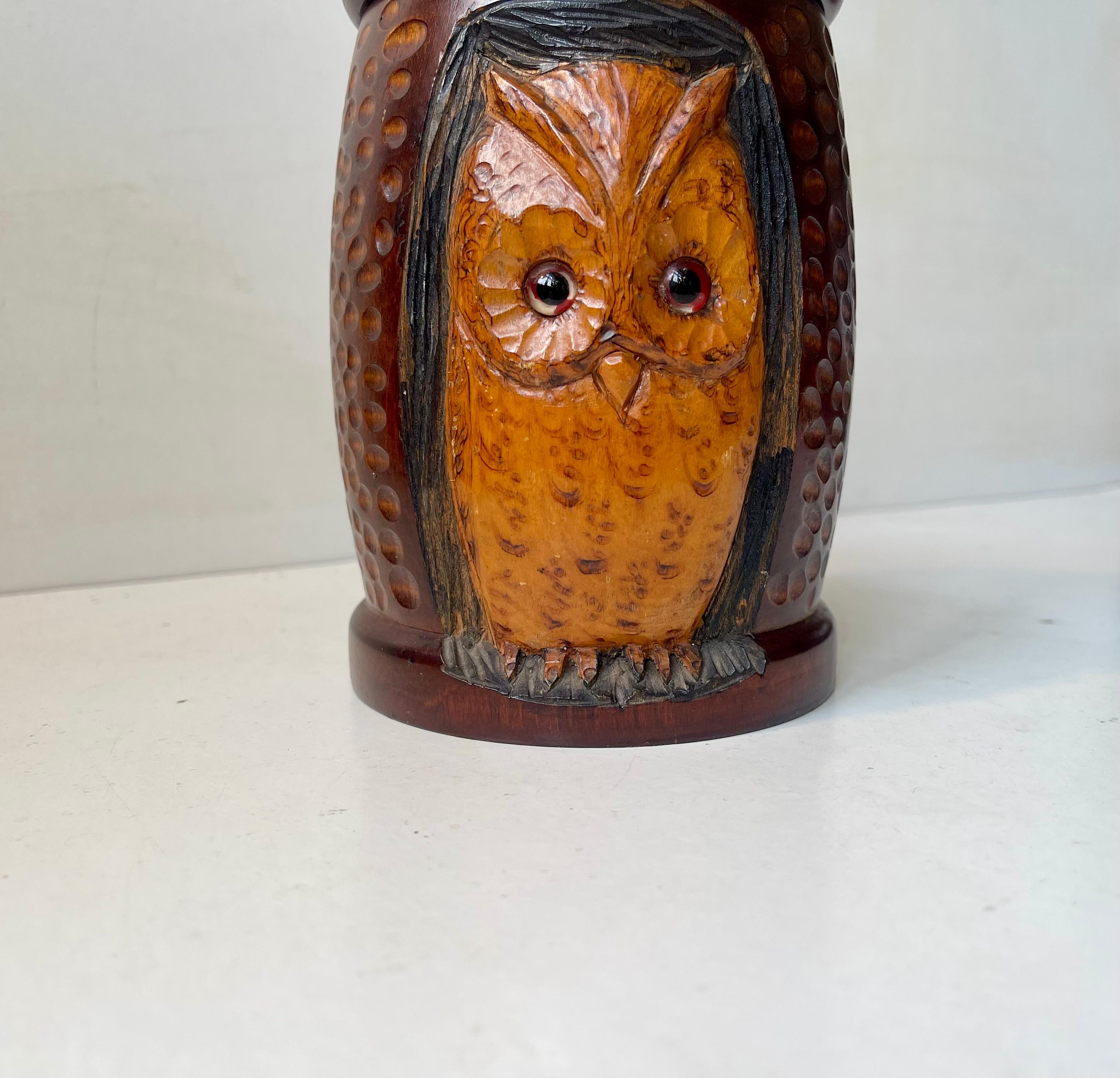 Late Victorian Antique Owl Tea Caddy in Hand-carved & stained Oak For Sale