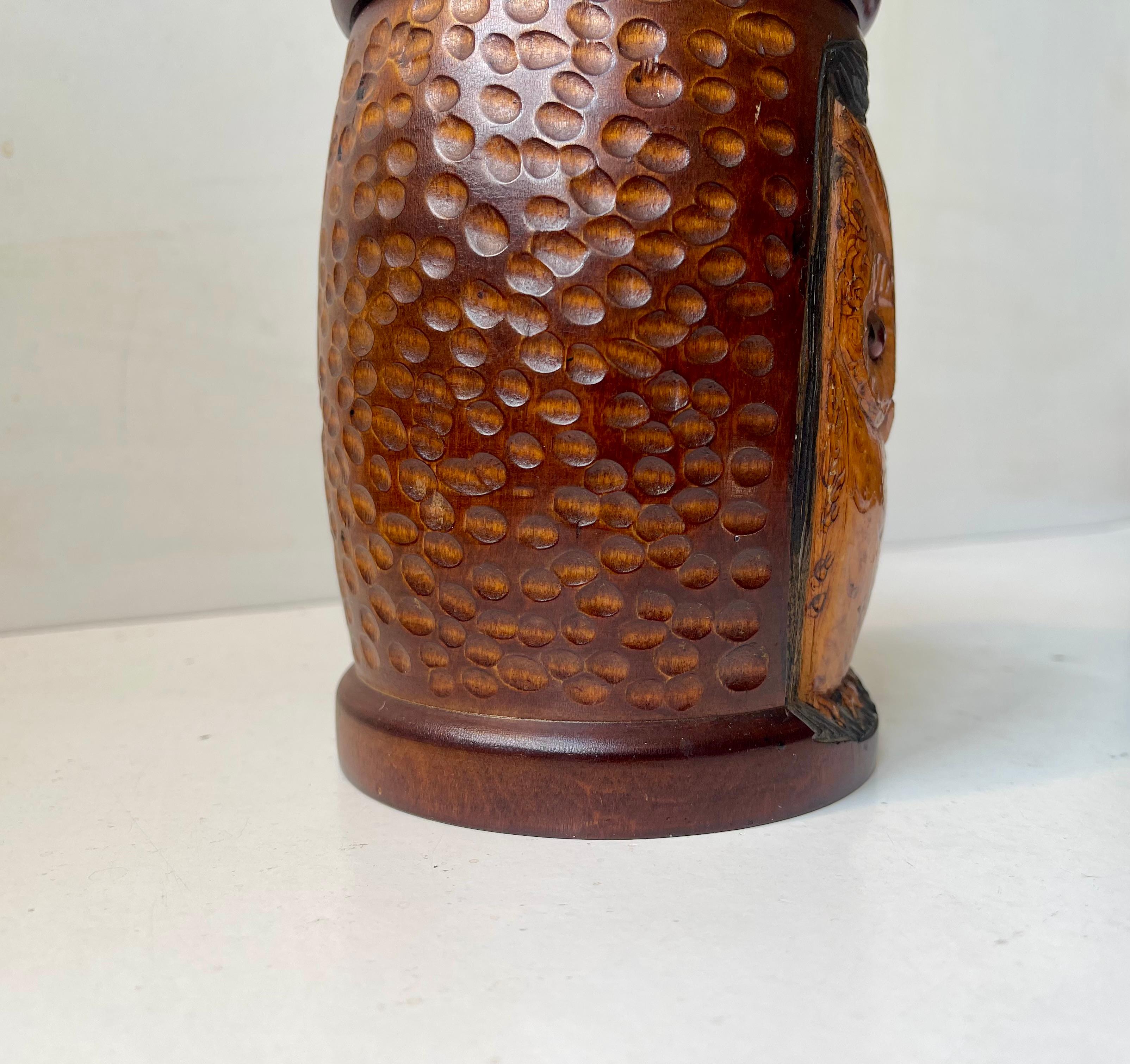 European Antique Owl Tea Caddy in Hand-carved & stained Oak For Sale