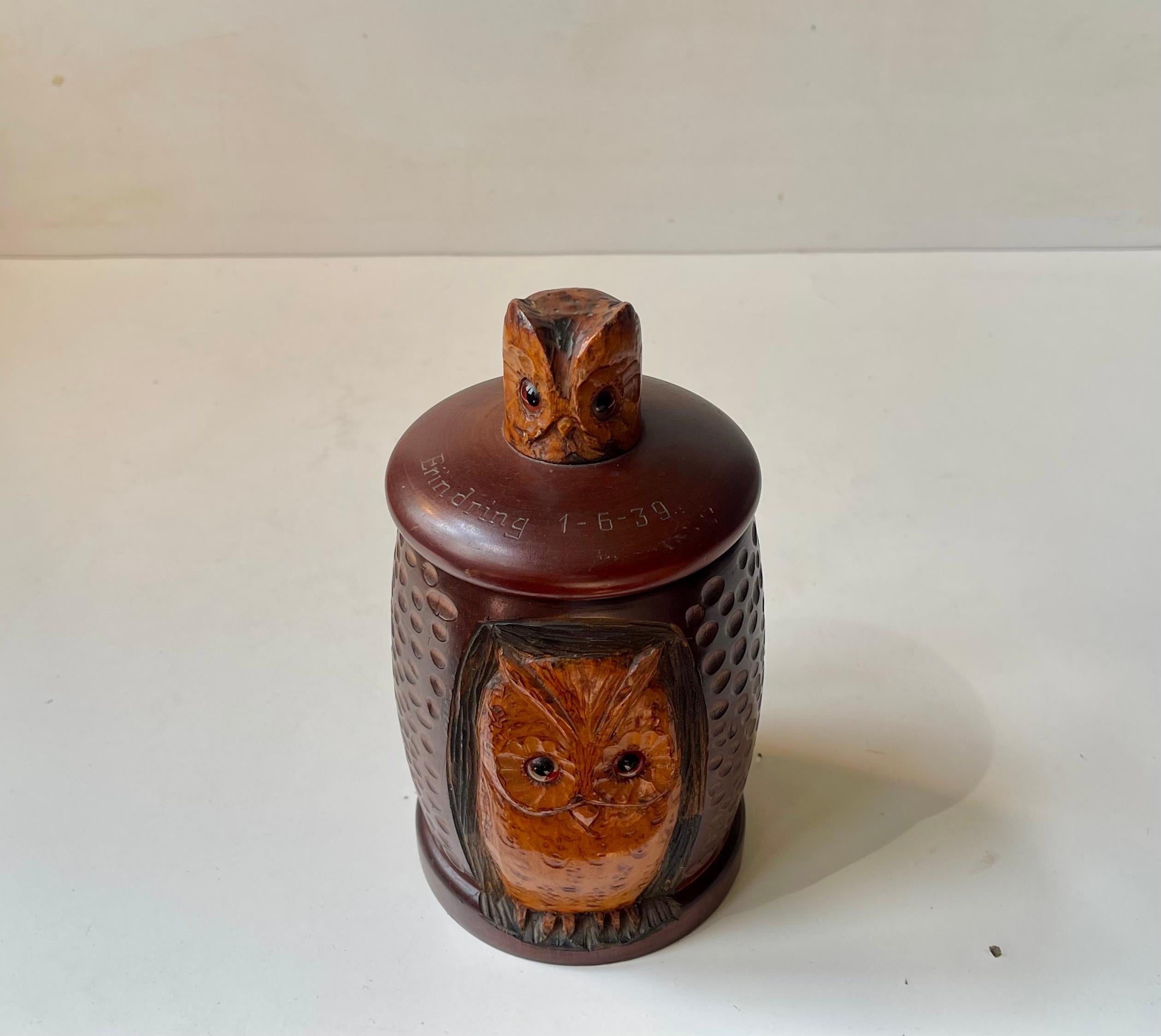 Stained Antique Owl Tea Caddy in Hand-carved & stained Oak For Sale
