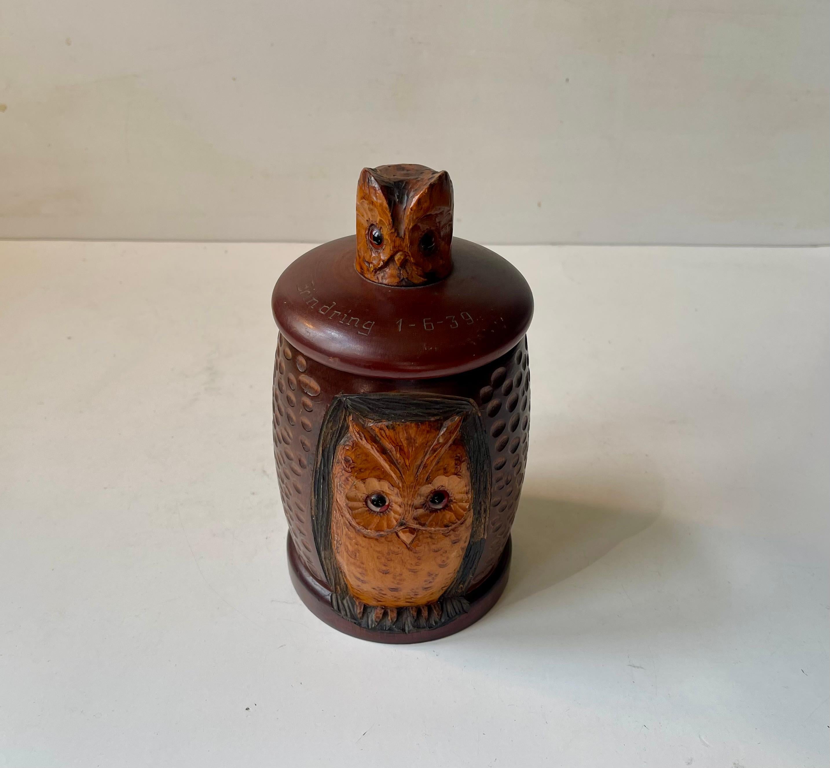 19th Century Antique Owl Tea Caddy in Hand-carved & stained Oak For Sale