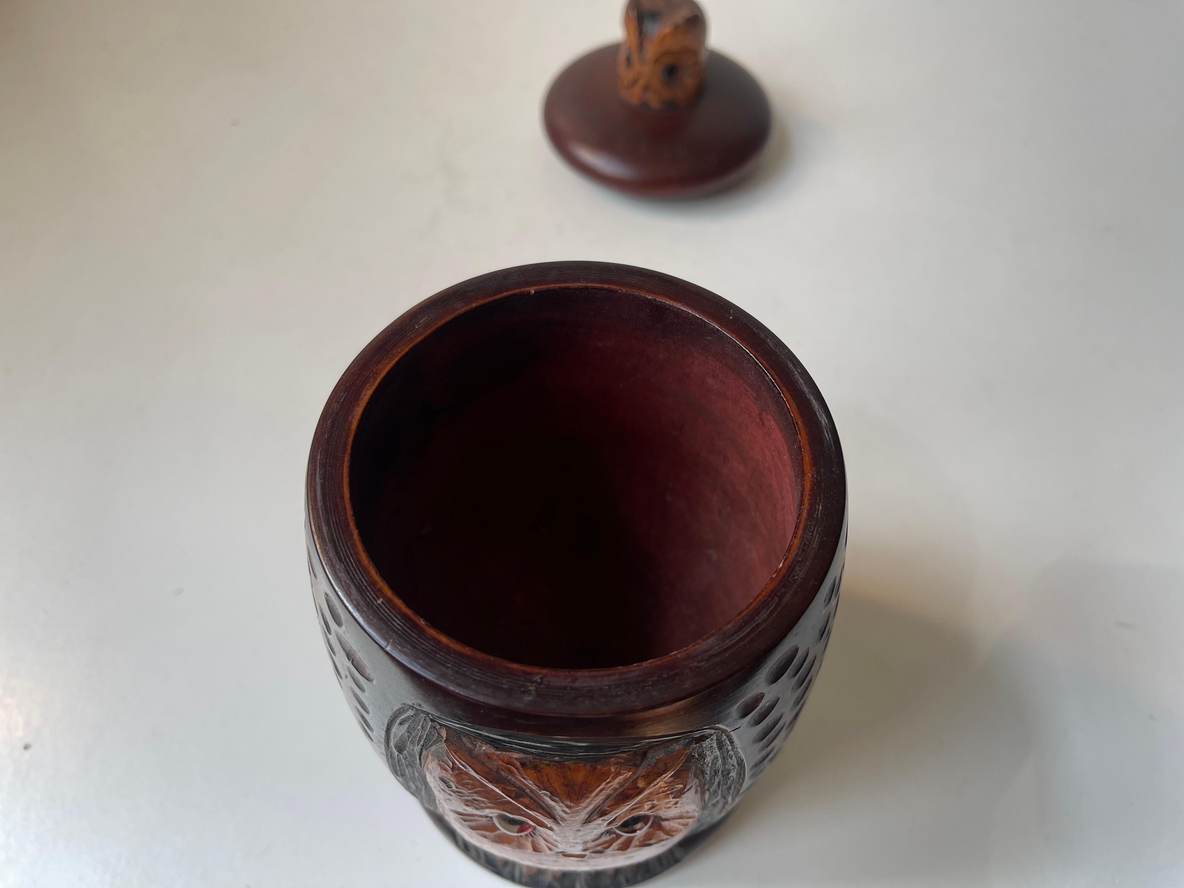 Antique Owl Tea Caddy in Hand-carved & stained Oak For Sale 1