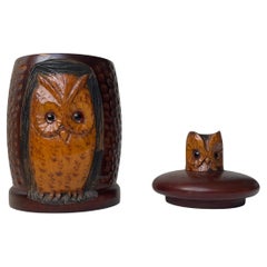 Antique Owl Tea Caddy in Hand-carved & stained Oak