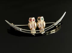 Antique Owls and Crescent Brooch, Sterling Silver, 9k Gold and Paste Stone