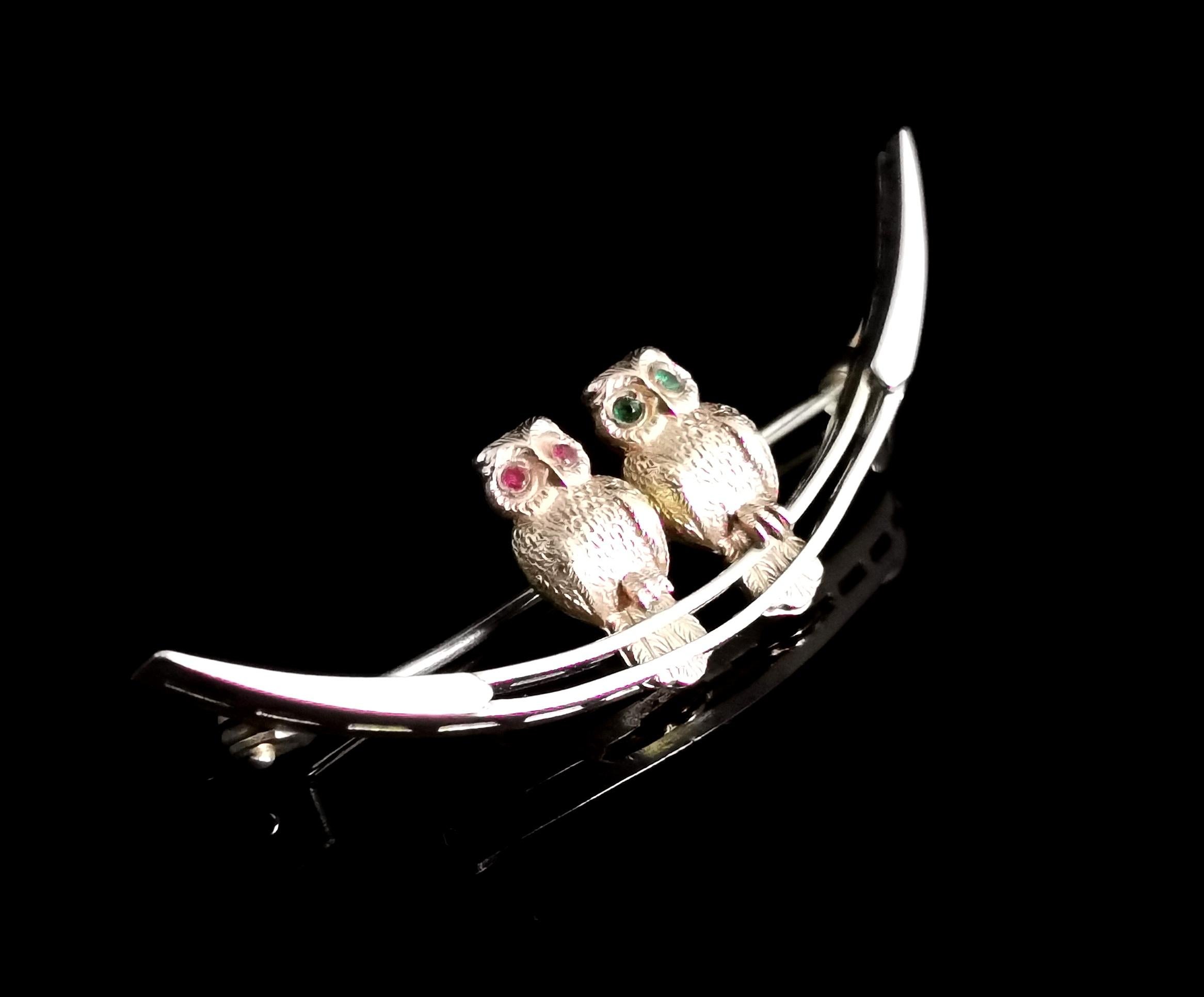 Edwardian Antique Owls and Crescent Brooch, Sterling Silver, 9k Gold and Paste Stone