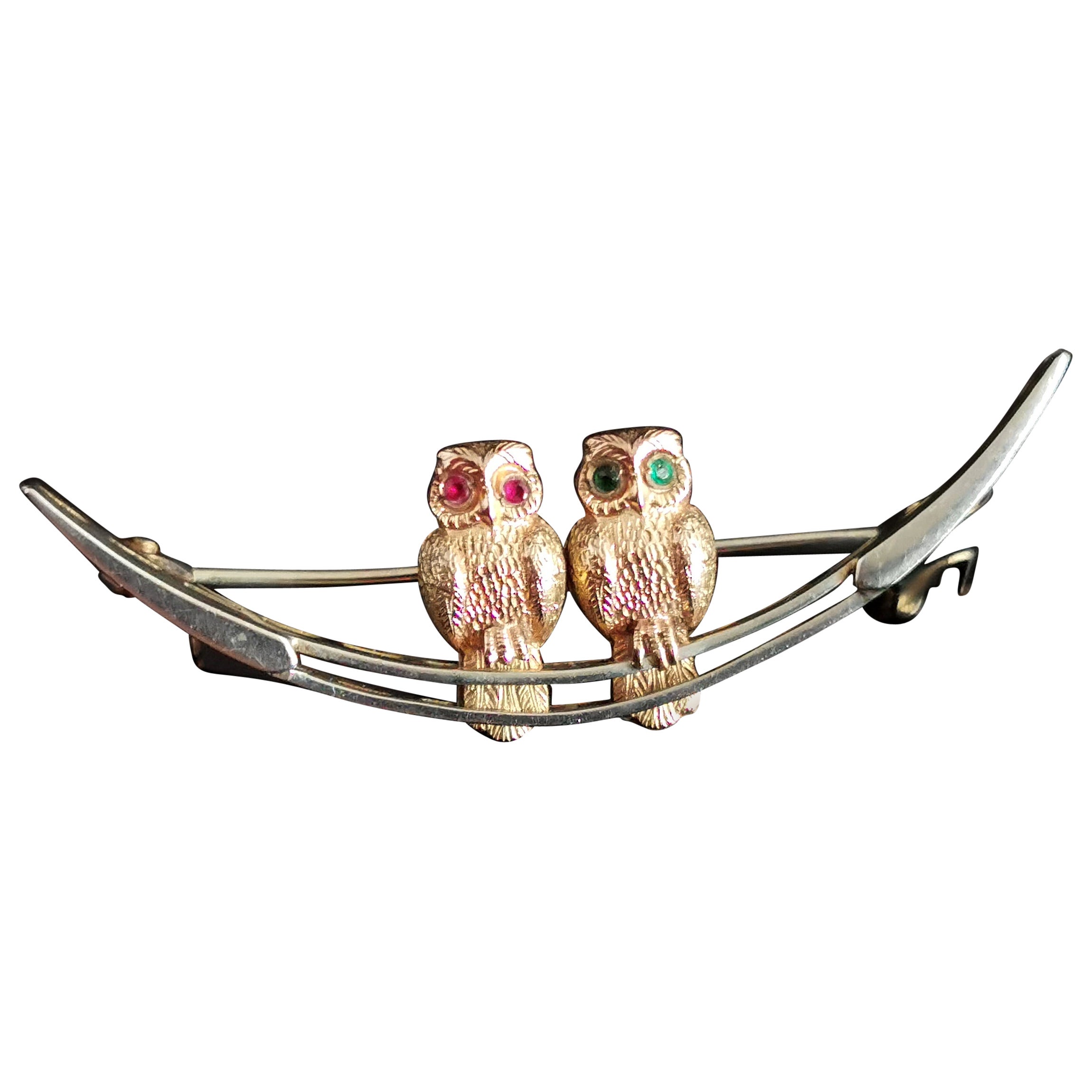 Broche ancienne hiboux et croissants, argent sterling, or 9 carats et pierres précieuses