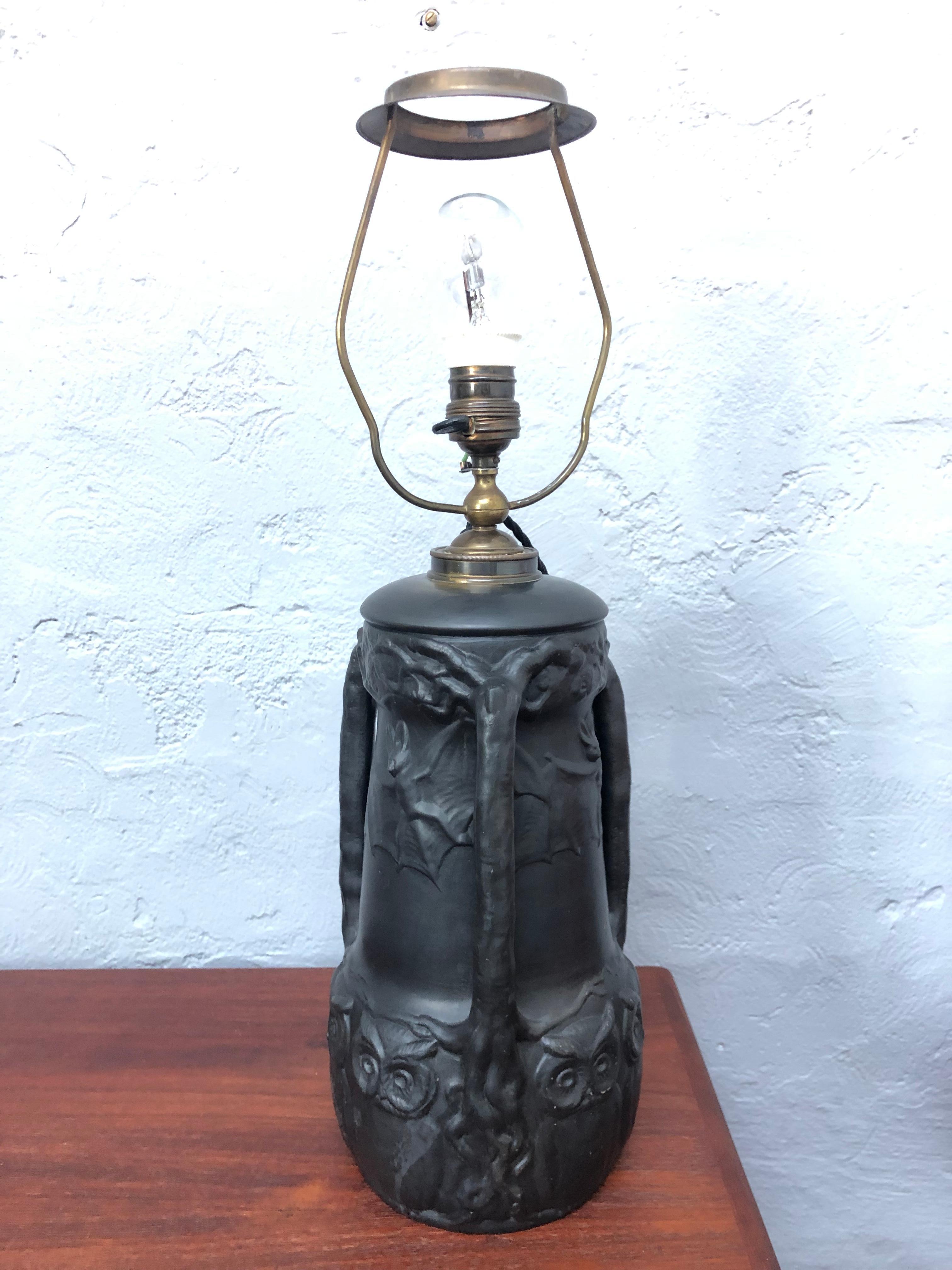 Antique Owls & Bats Black Pottery Table Lamp by L. Hjorth of Bornholm 2