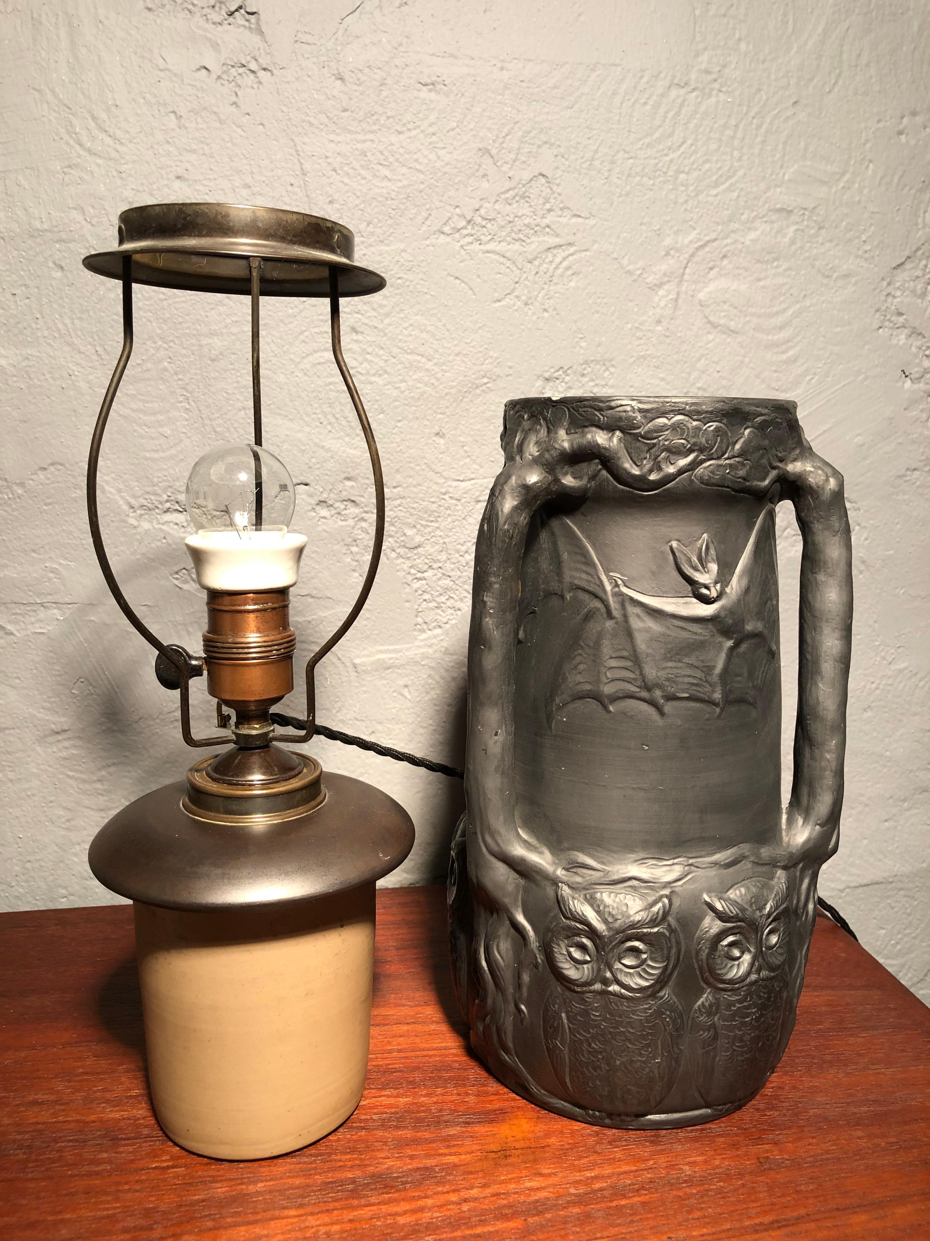 Antique Owls & Bats Black Pottery Table Lamp by L. Hjorth Of Bornholm 5