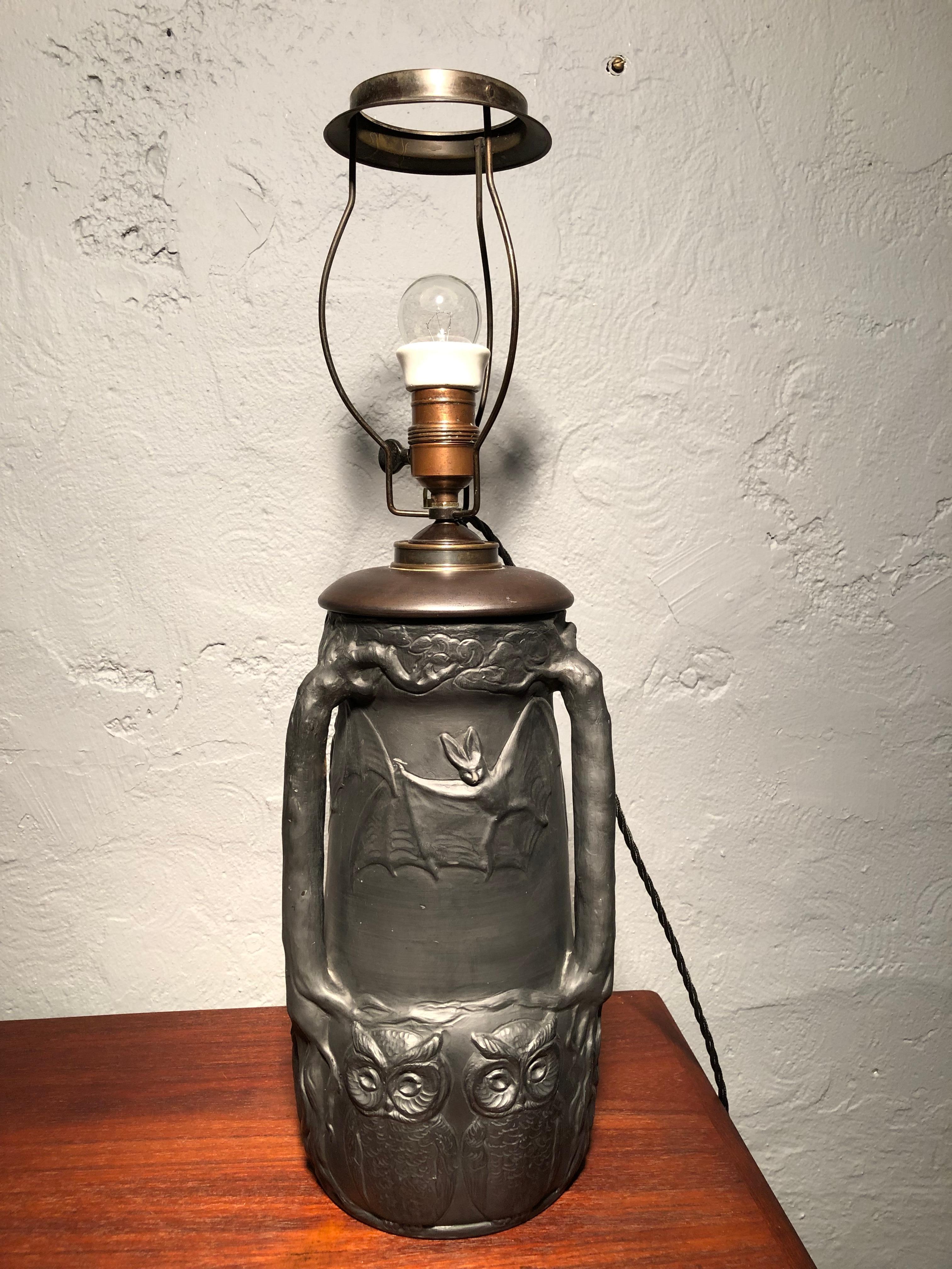 Antique Owls & Bats Black Pottery Table Lamp by L. Hjorth Of Bornholm 6