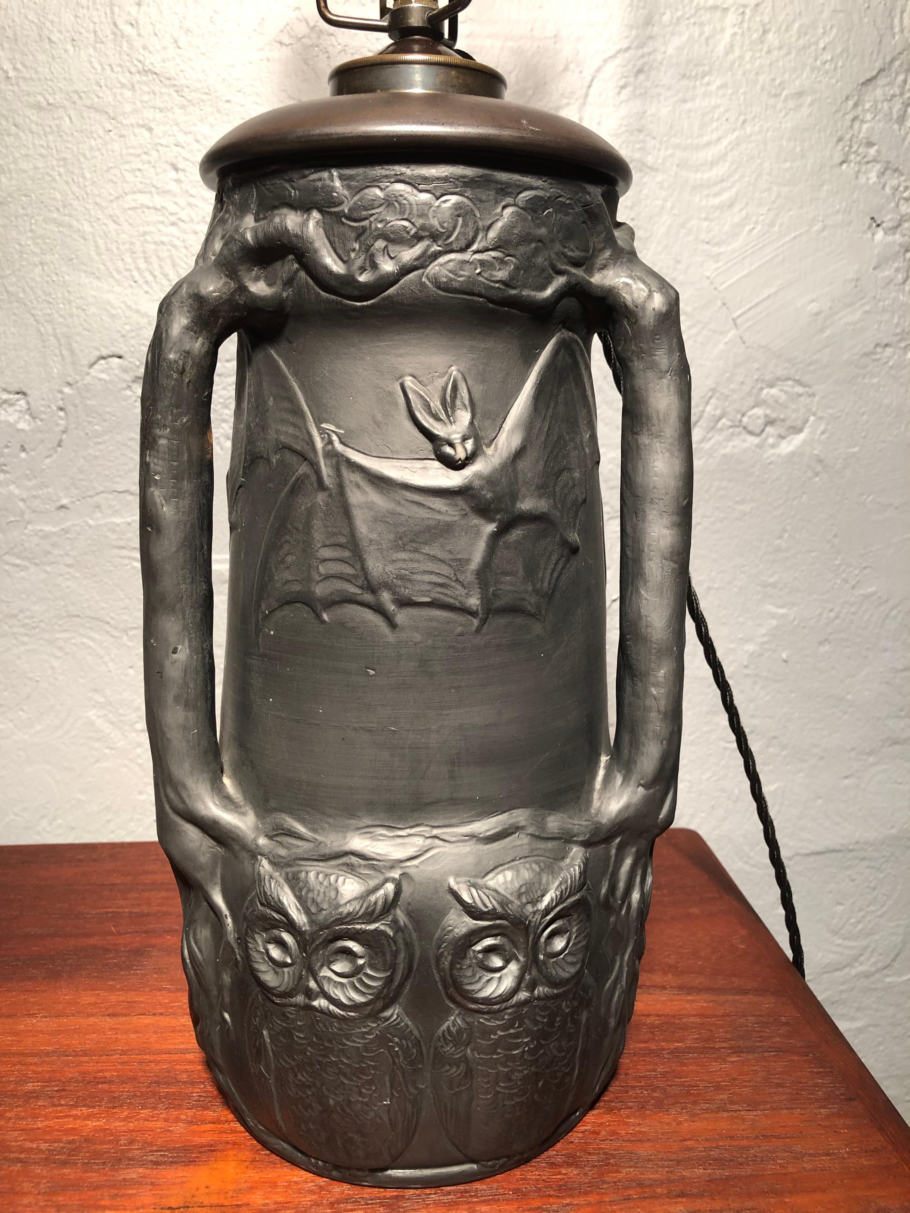 Antique Owls & Bats Black Pottery Table Lamp by L. Hjorth Of Bornholm 7