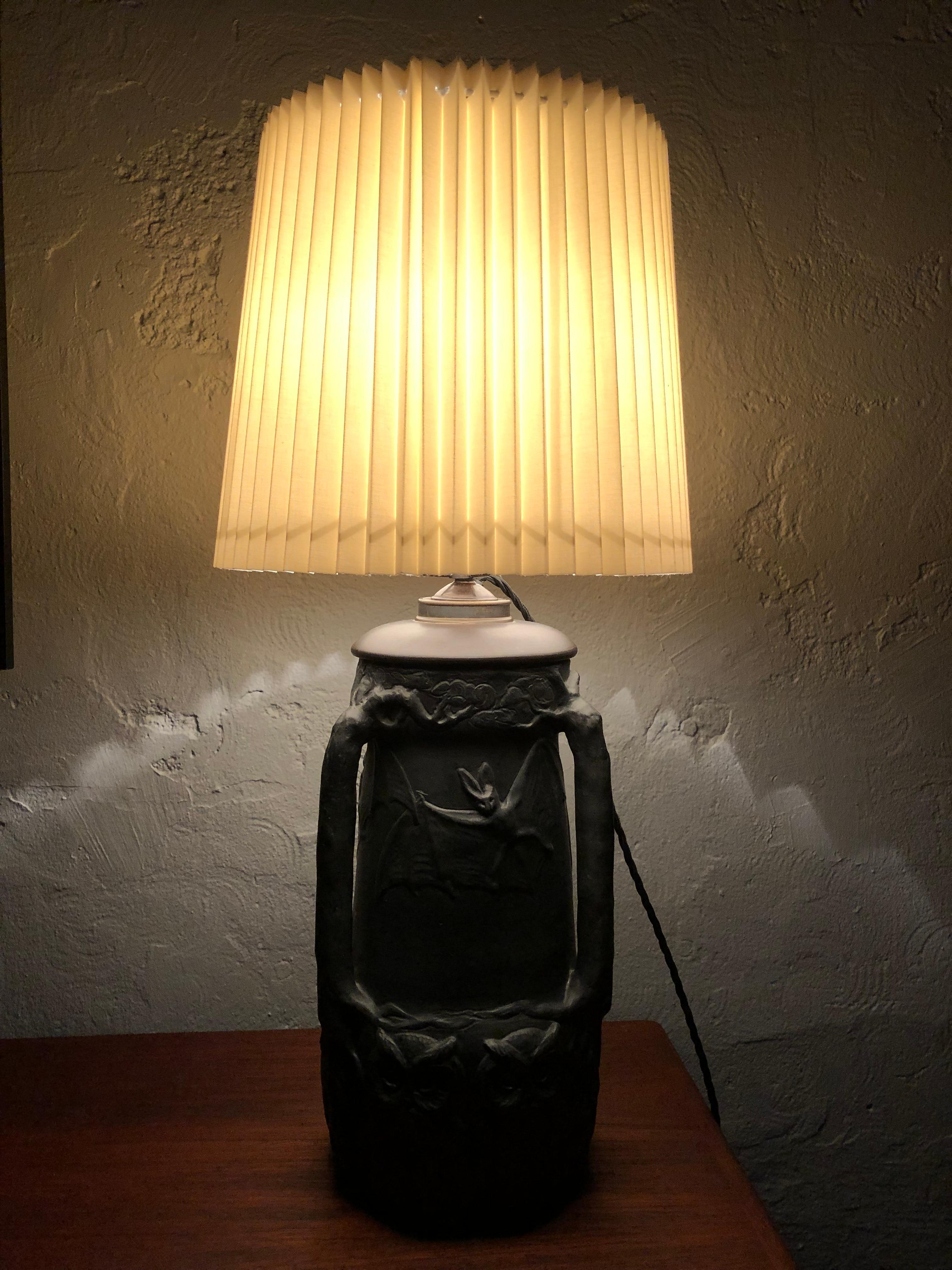 Antique Owls & Bats Black Pottery Table Lamp by L. Hjorth Of Bornholm 8