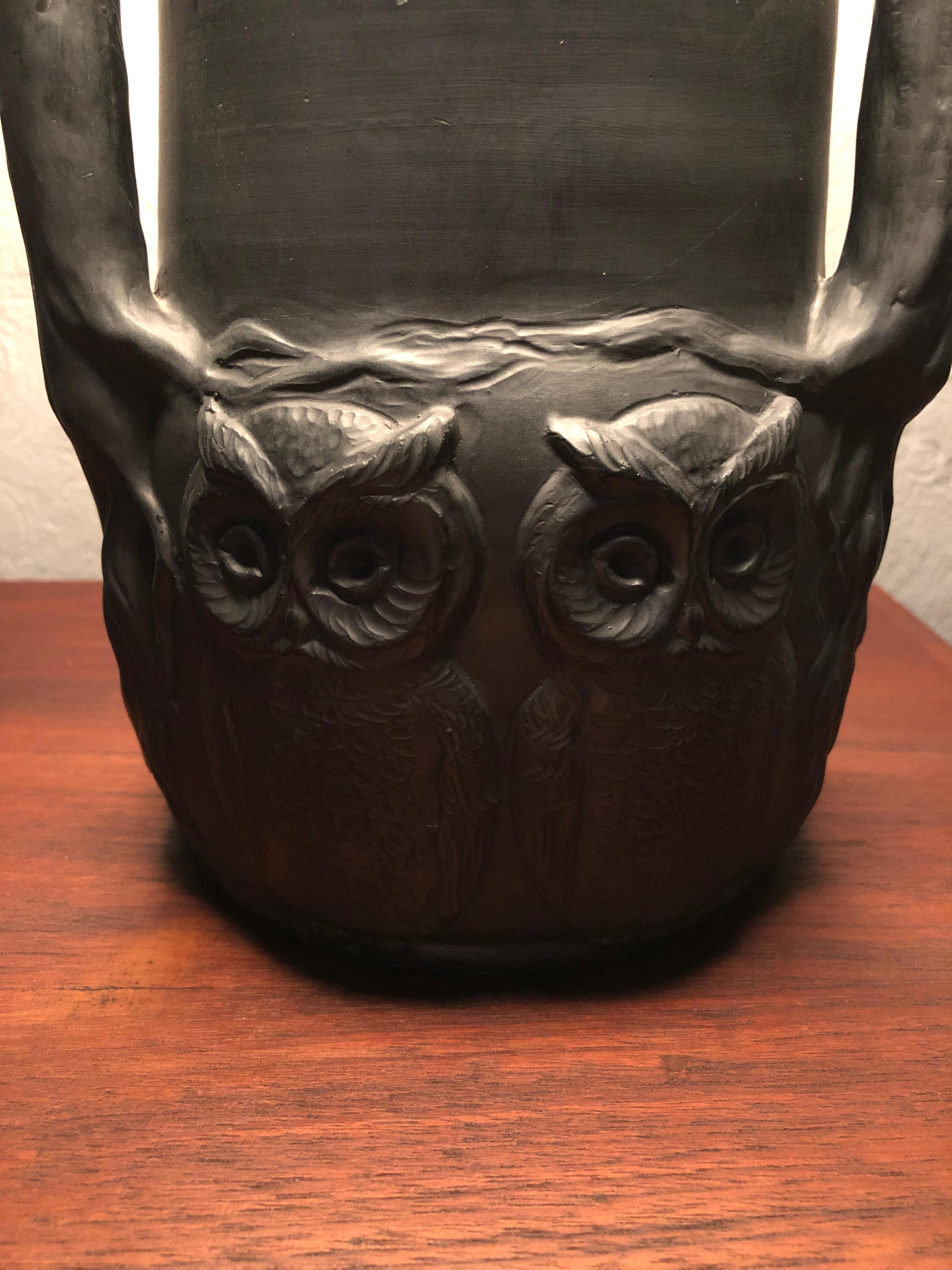 Antique Owls & Bats Black Pottery Table Lamp by L. Hjorth Of Bornholm 9
