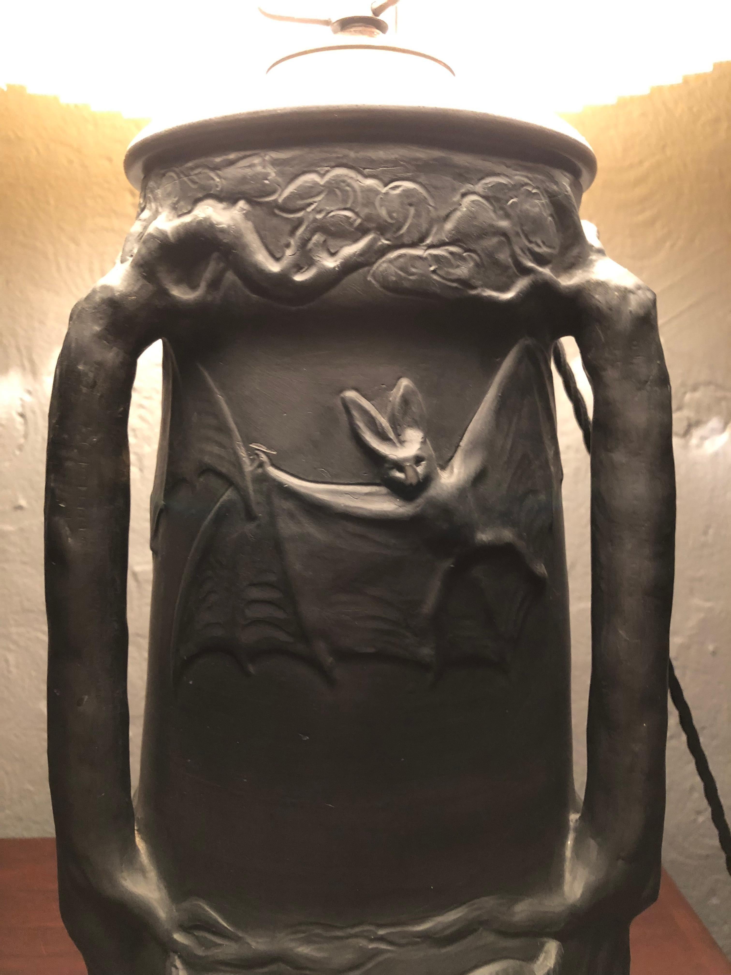 Antique Owls & Bats Black Pottery Table Lamp by L. Hjorth Of Bornholm 10