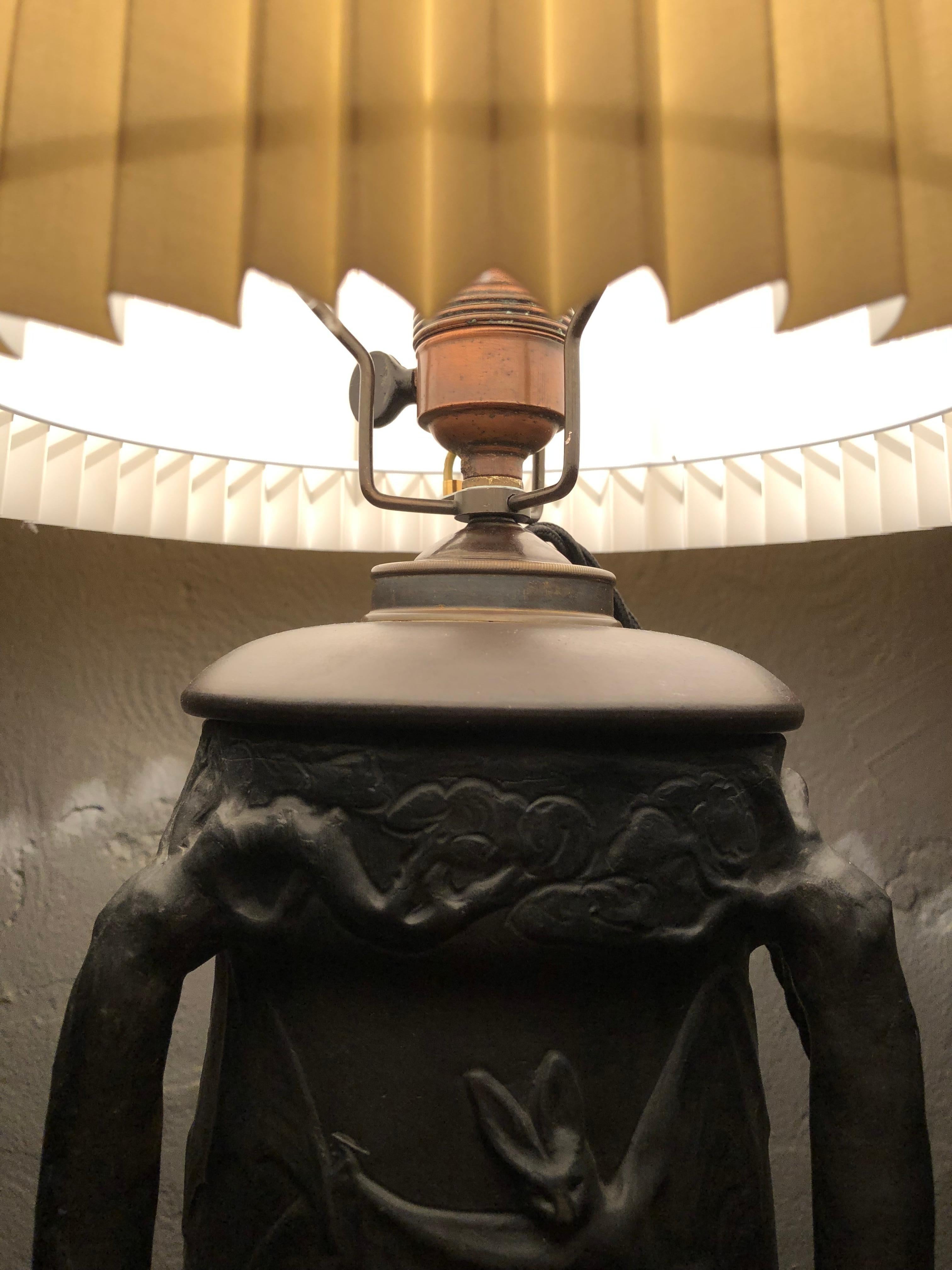 Antique Owls & Bats Black Pottery Table Lamp by L. Hjorth Of Bornholm 11
