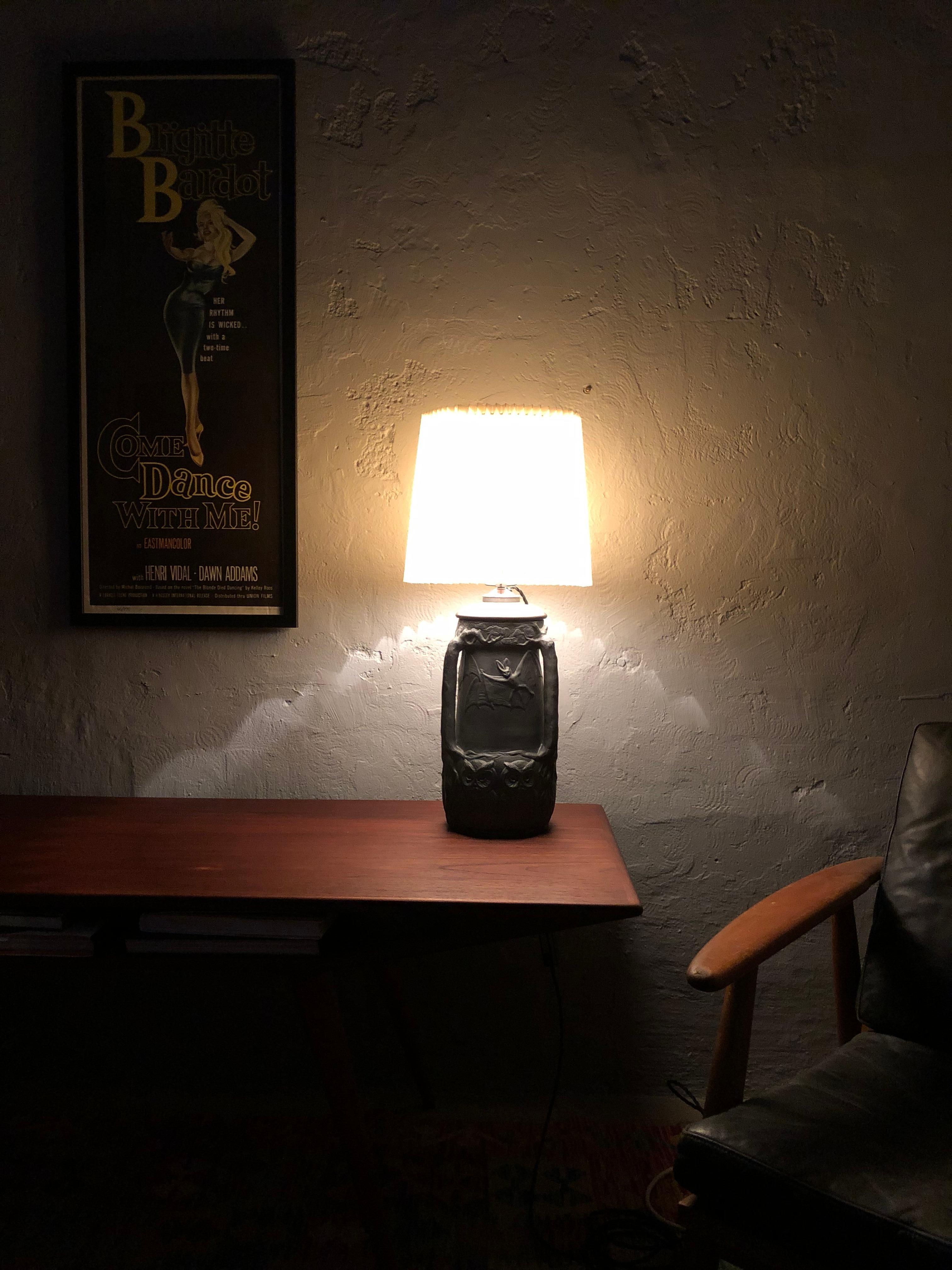 Antique Owls & Bats Black Pottery Table Lamp by L. Hjorth Of Bornholm 12
