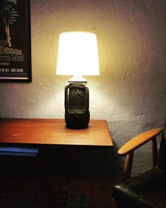 Antique Owls & Bats Black Pottery Table Lamp by L. Hjorth Of Bornholm