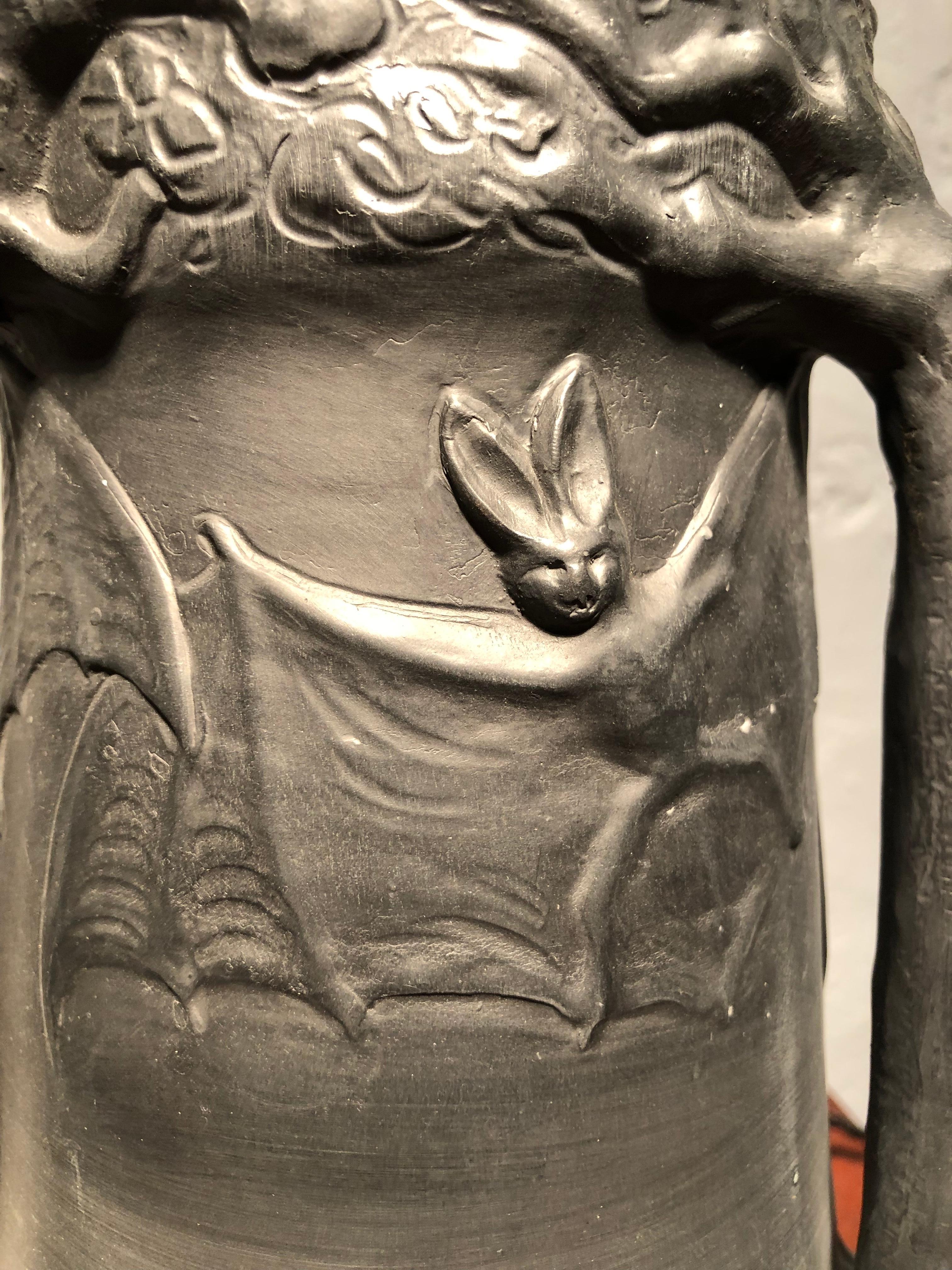 Victorian Antique Owls & Bats Black Pottery Table Lamp by L. Hjorth Of Bornholm