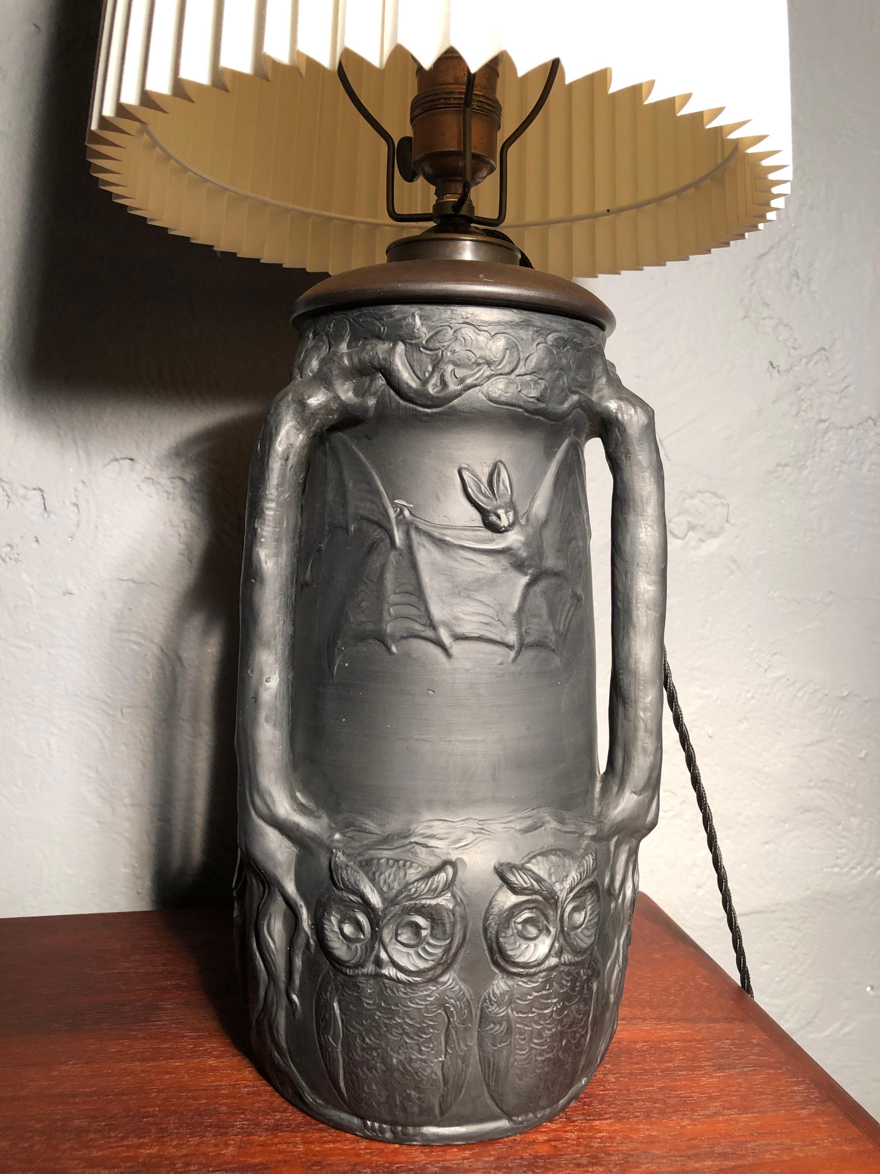 Danish Antique Owls & Bats Black Pottery Table Lamp by L. Hjorth Of Bornholm