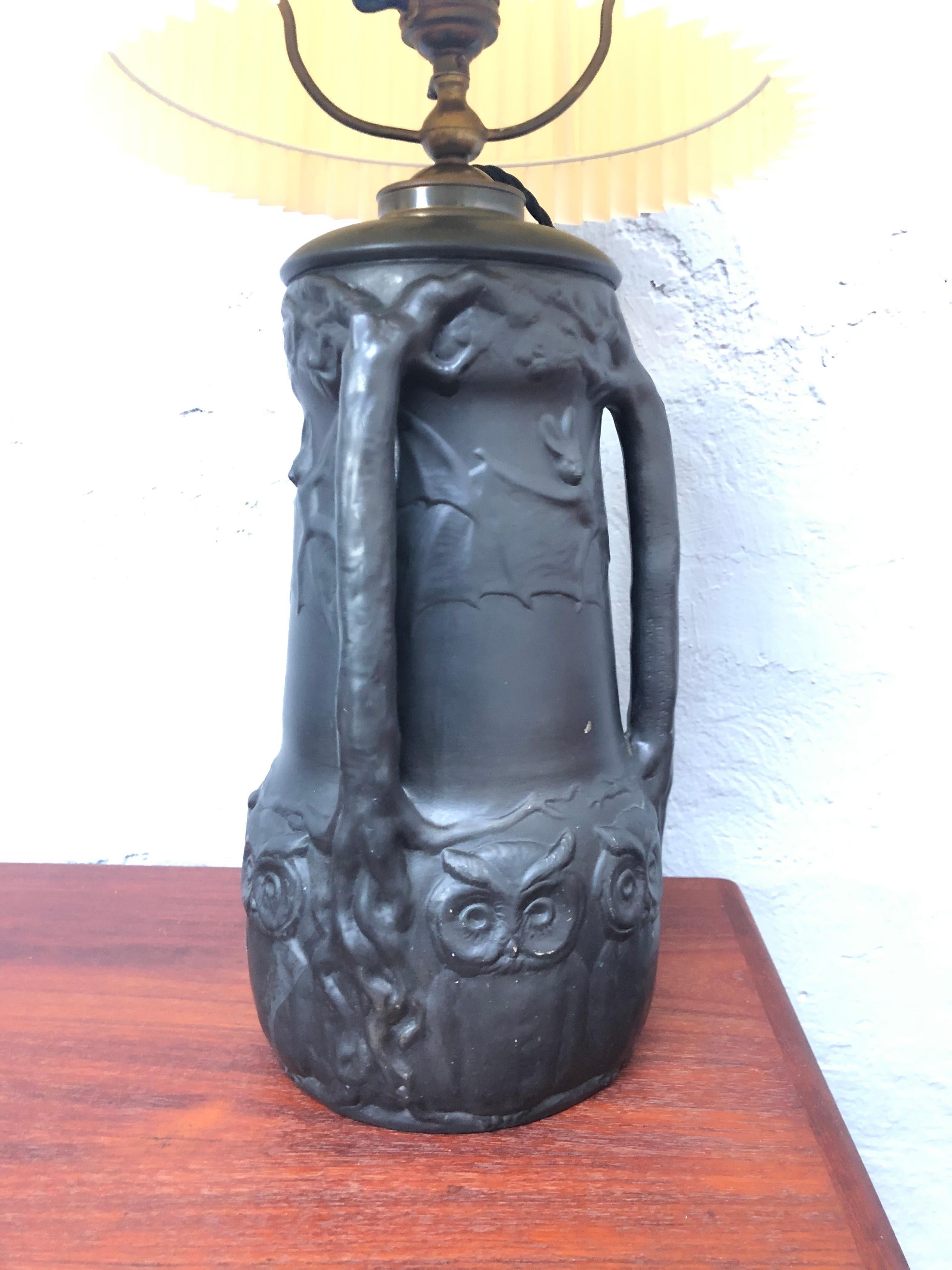 Victorian Antique Owls & Bats Black Pottery Table Lamp by L. Hjorth of Bornholm