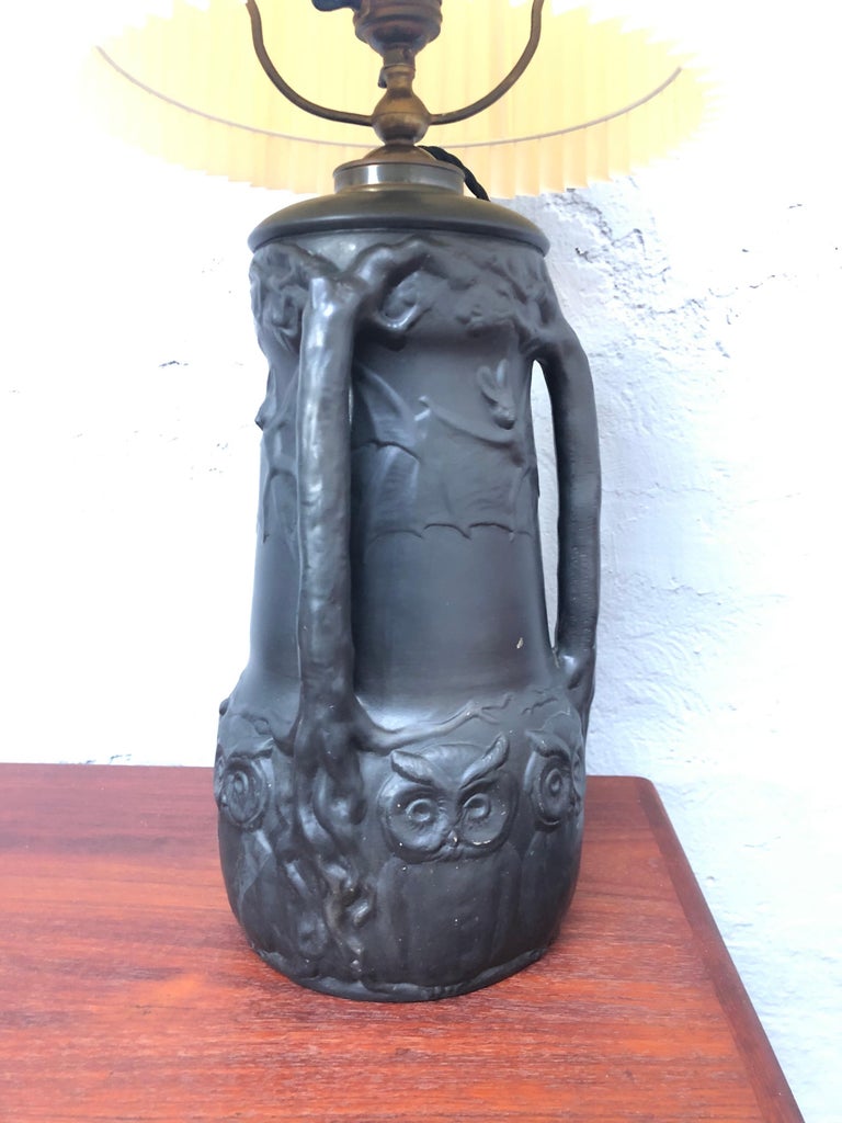 Antique Owls and Bats Black Pottery Table Lamp by L. Hjorth of Bornholm