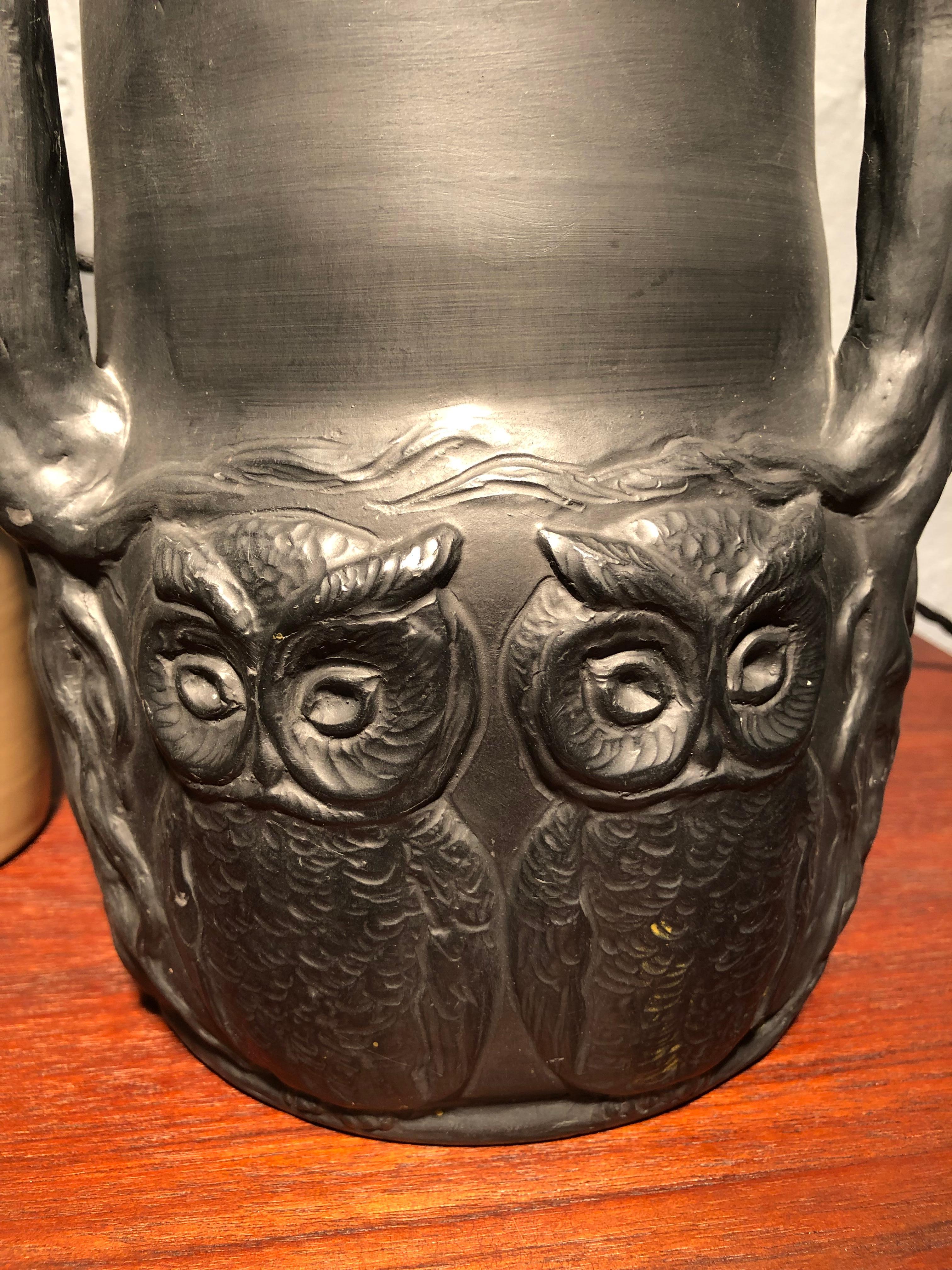 Hand-Crafted Antique Owls & Bats Black Pottery Table Lamp by L. Hjorth Of Bornholm