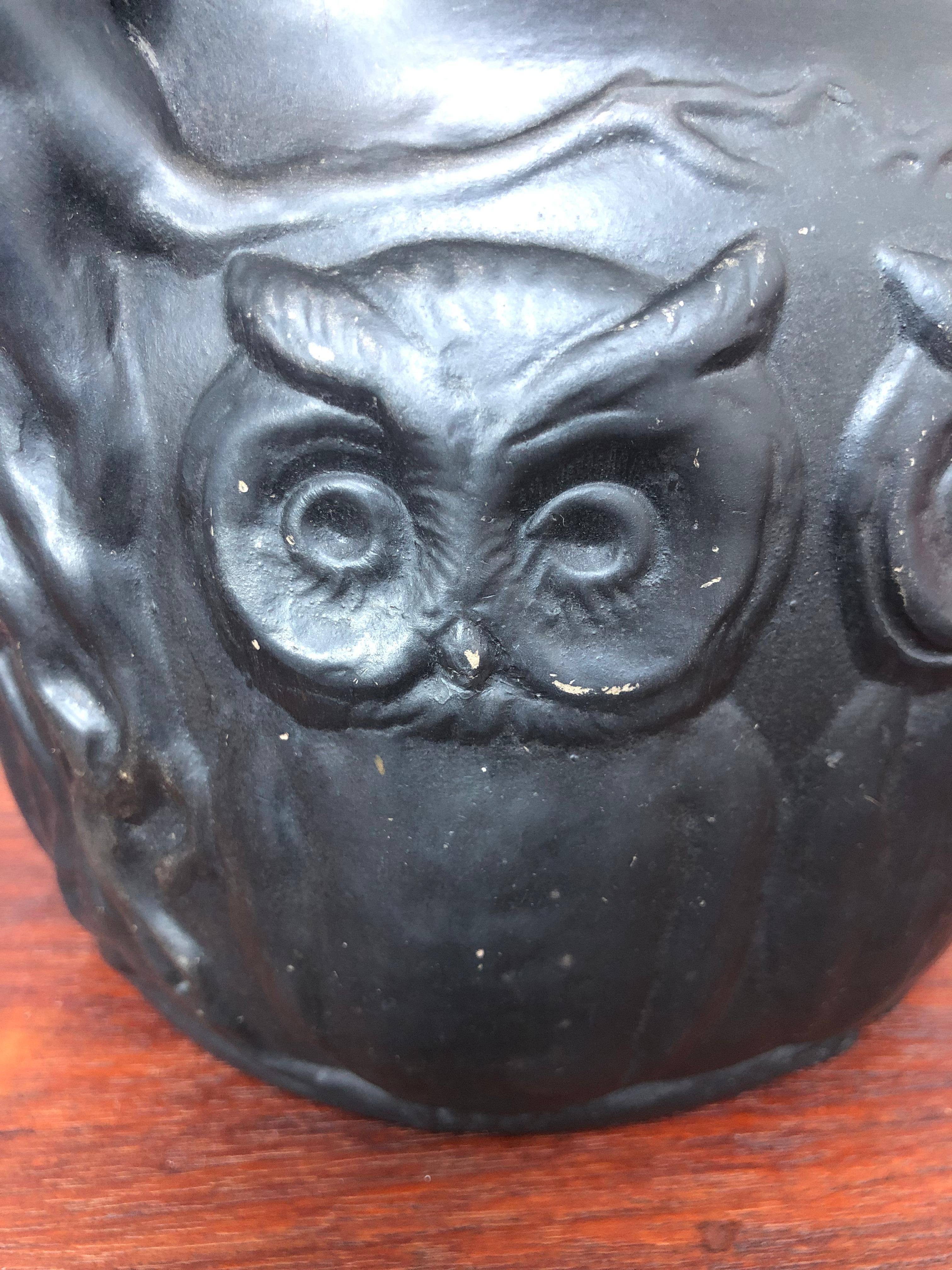 Danish Antique Owls & Bats Black Pottery Table Lamp by L. Hjorth of Bornholm