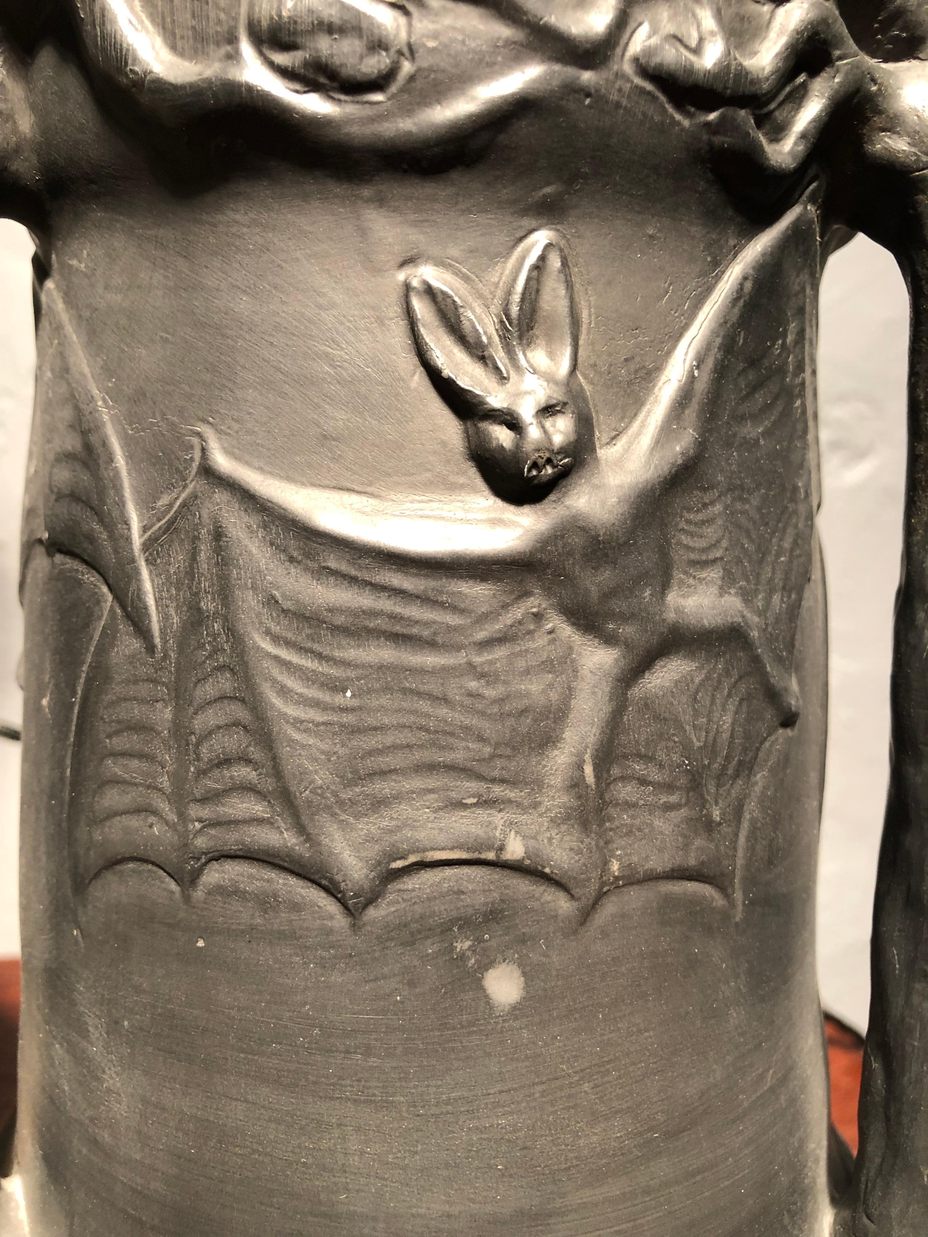 Antique Owls & Bats Black Pottery Table Lamp by L. Hjorth Of Bornholm In Good Condition In Søborg, DK