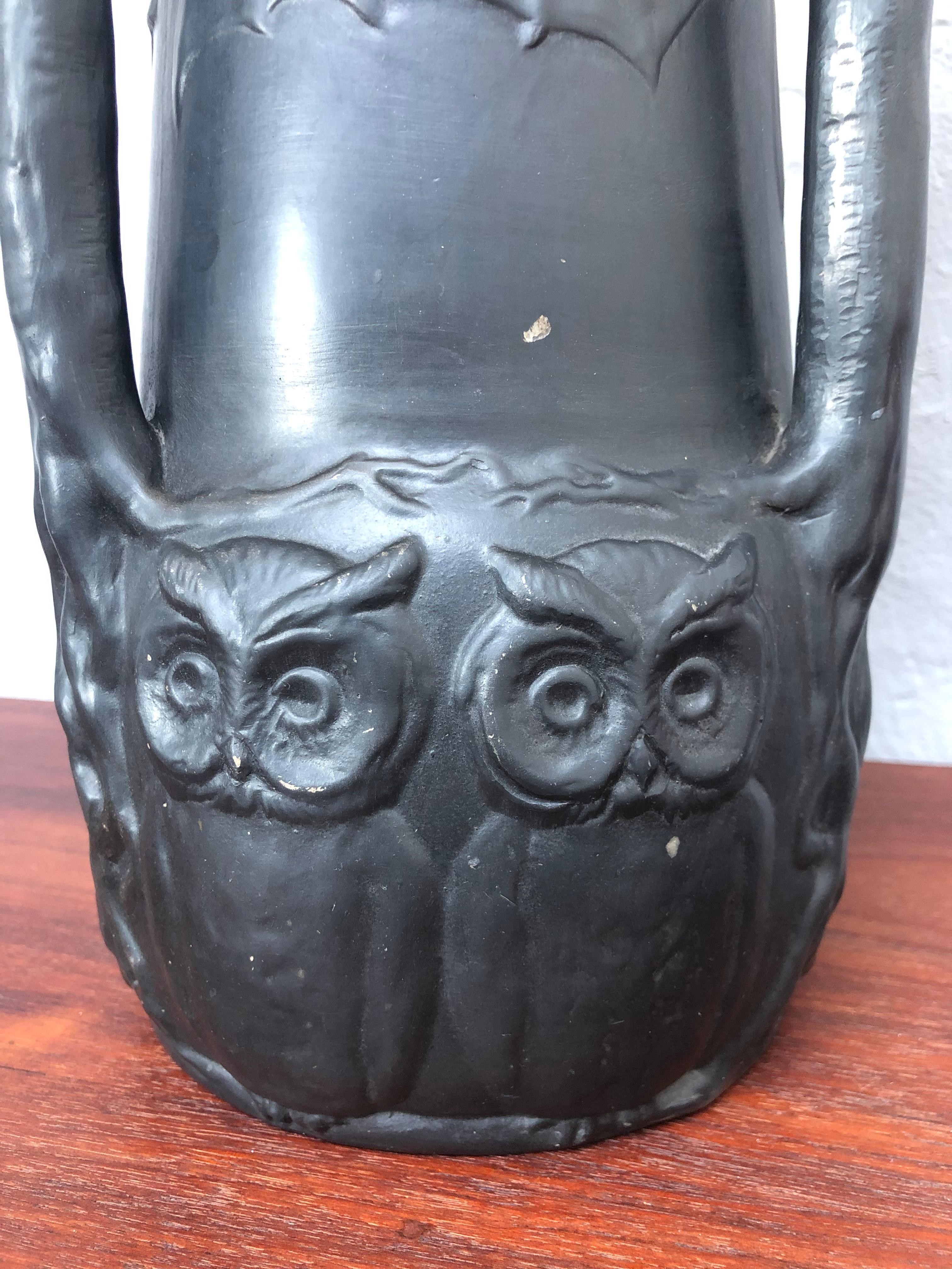 Hand-Crafted Antique Owls & Bats Black Pottery Table Lamp by L. Hjorth of Bornholm