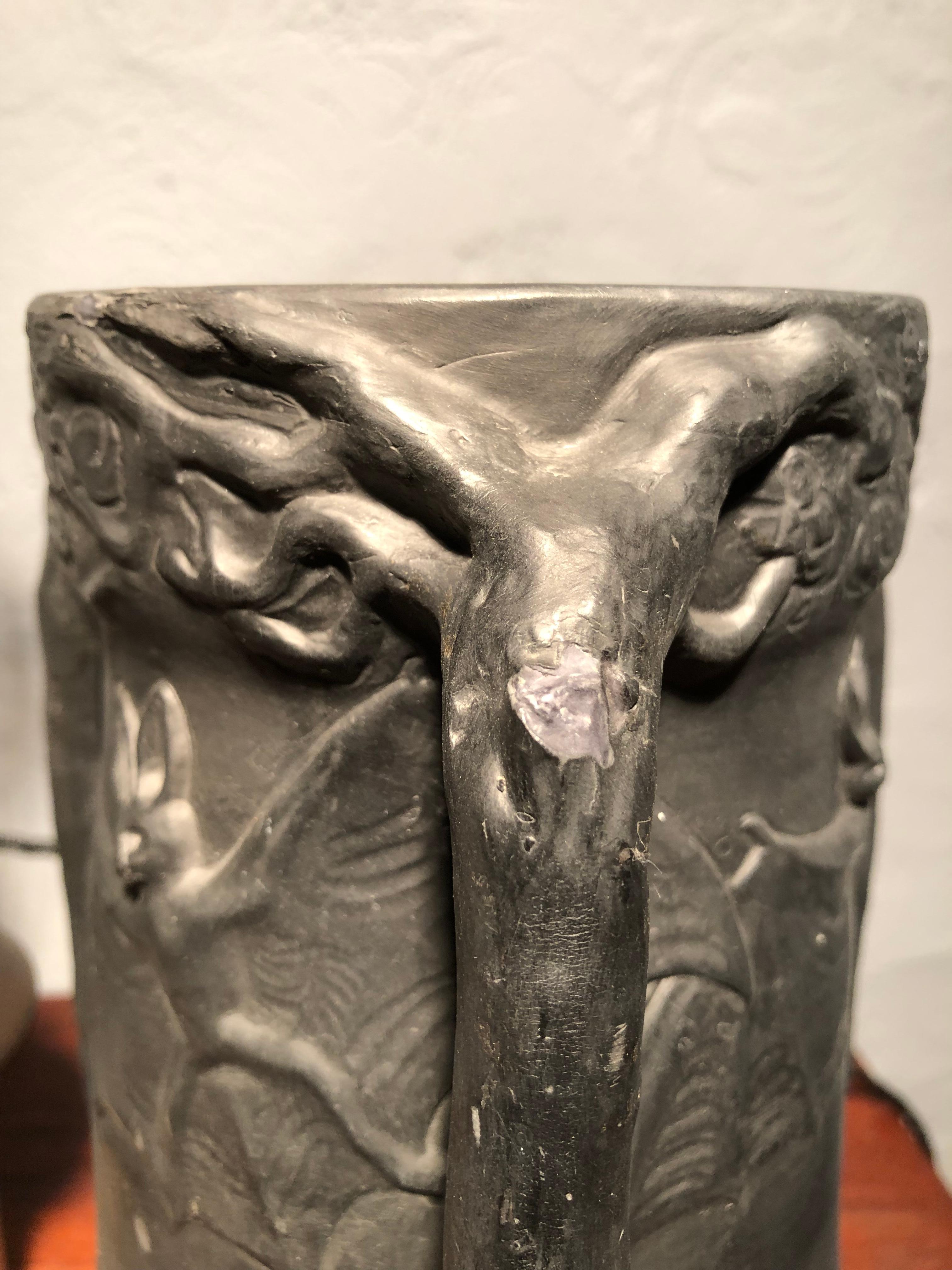Antique Owls & Bats Black Pottery Table Lamp by L. Hjorth Of Bornholm 1