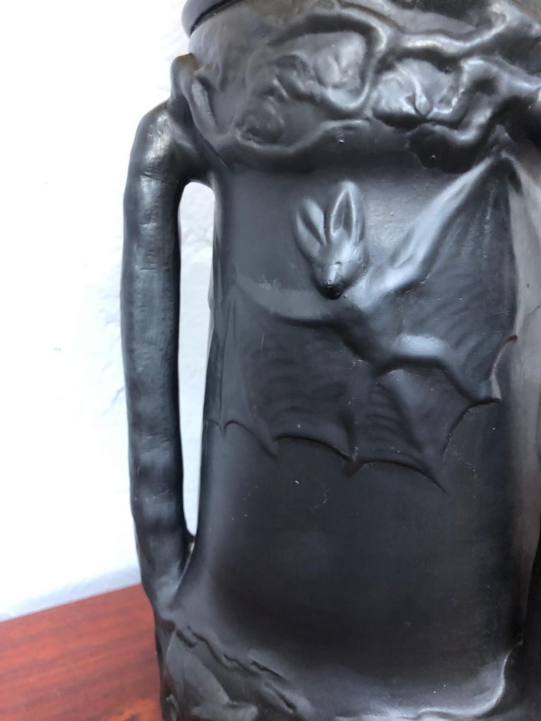 Antique Owls and Bats Black Pottery Table Lamp by L. Hjorth of Bornholm
